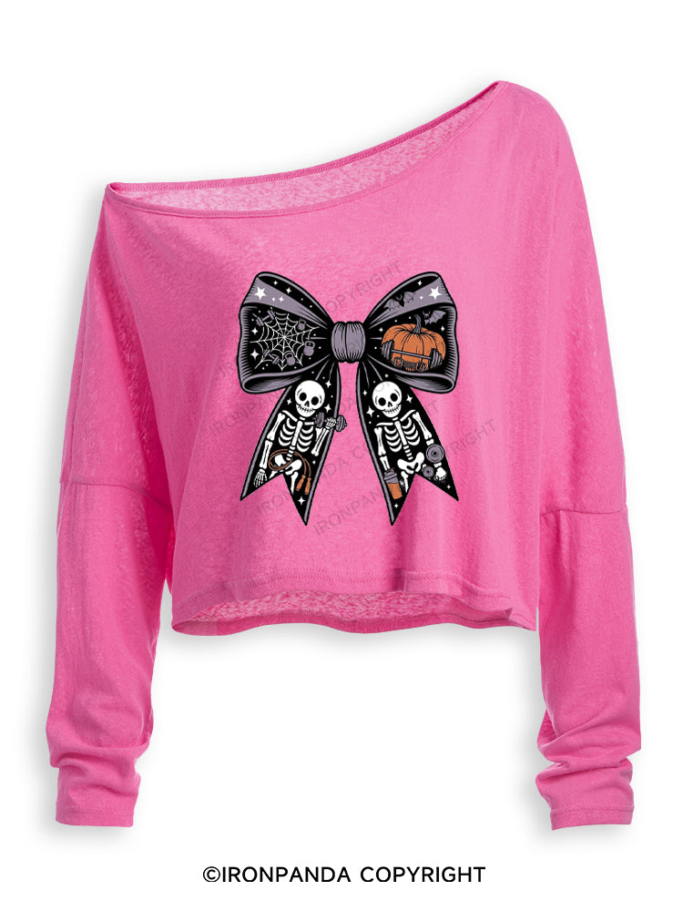 HALLOWEEN BOW SKELETON WORKOUT Off Shoulder Long Sleeve Crop Top