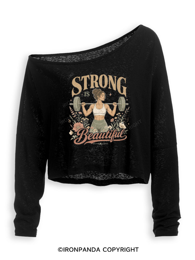 STRONG IS BEAUTIFUL STRONG VIBES Off Shoulder Long Sleeve Crop Top