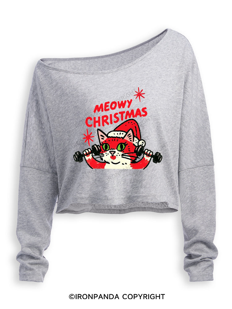 MEOWY CHRISTMAS RETRO CAT CHRISTMAS Off Shoulder Long Sleeve Crop Top