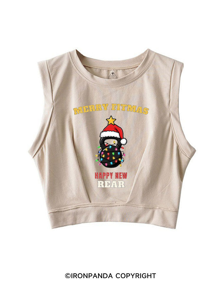 MERRY FITMAS HAPPY NEW REAR SLEEVELESS CROP TOPS
