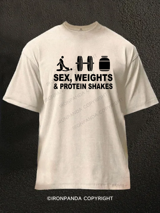 SEX WEIGHTS & PROTEIN SHAKES  Washed Gym Shirt