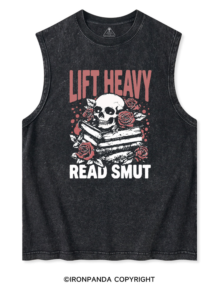 LIFT HEAVY READ SMUT ROSY SKULL Washed Tank