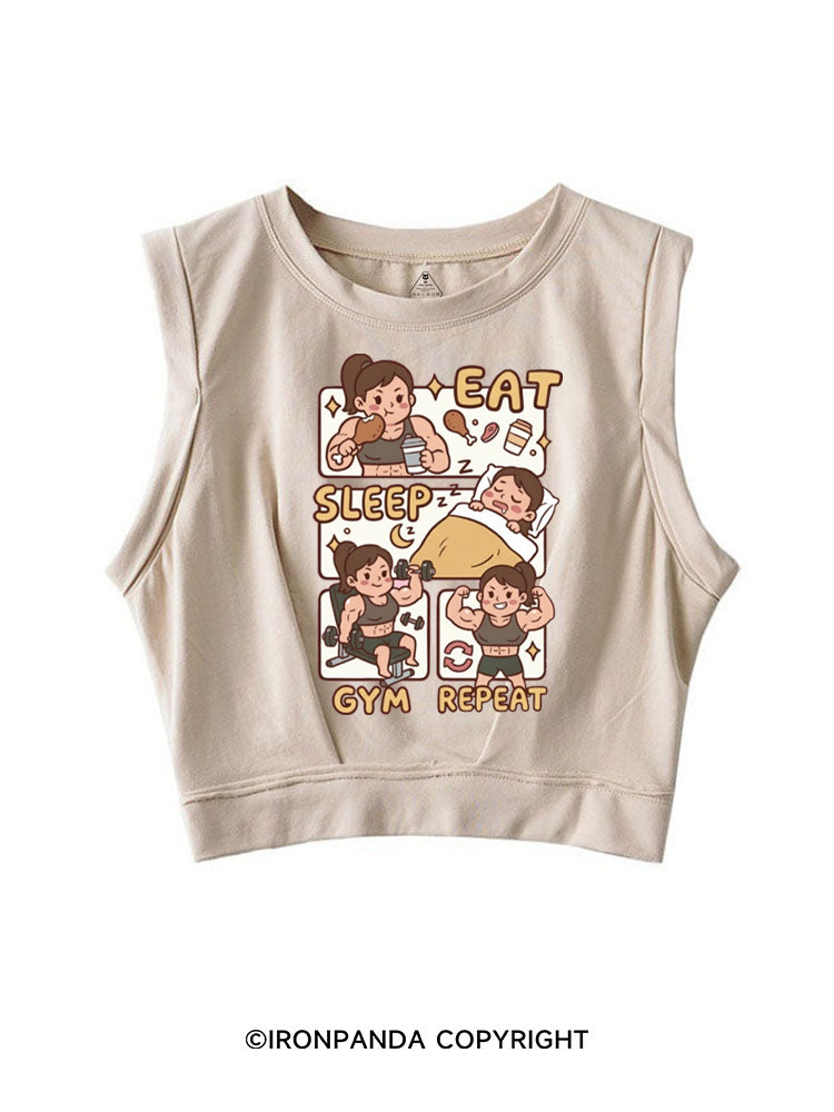EAT SLEEP GYM REPEAT STRONG AND CUTE SLEEVELESS CROP TOPS