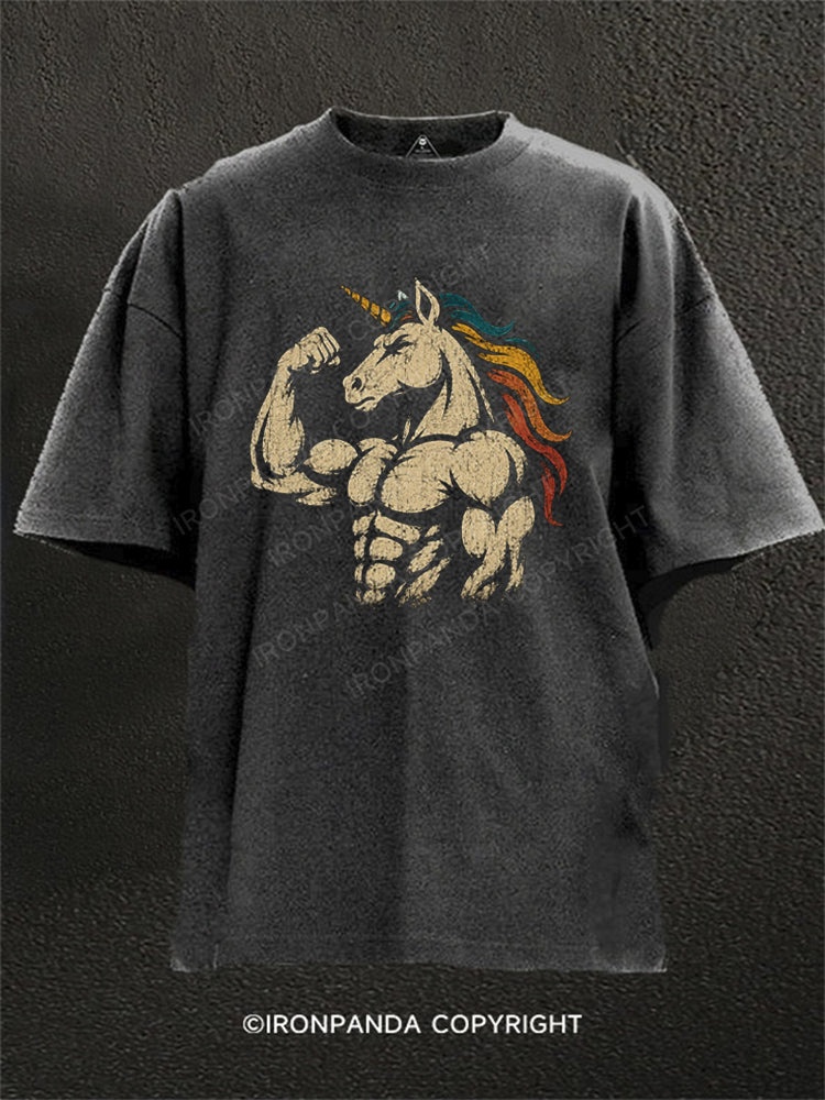 Retro Muscular Unicorn Power Fantasy Washed Gym Shirt
