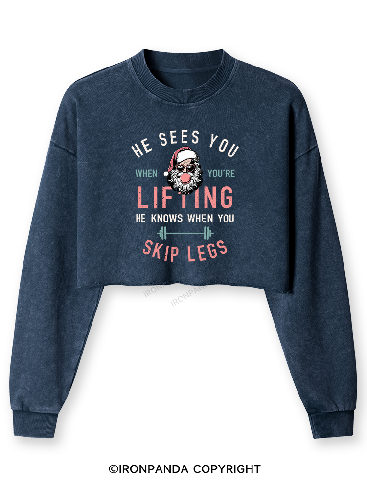 HE SEES YOU WHEN YOU'RE LIFTING Washed Long-Sleeve Crop Top