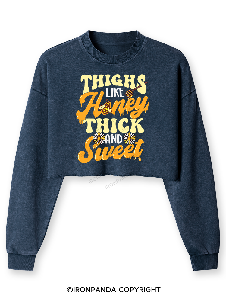 THIGHS LIKE HONEY THICK AND SWEET Washed Long-Sleeve Crop Top