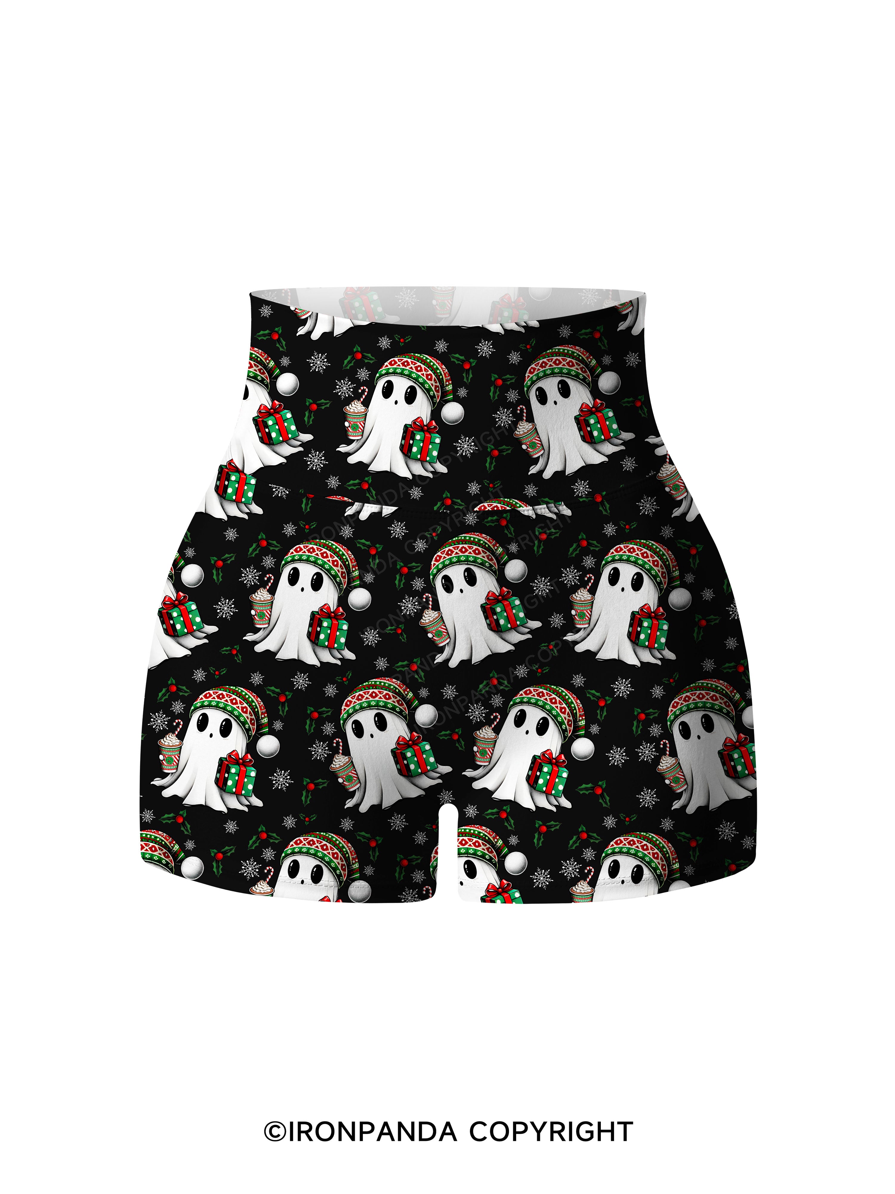 CHRISTMAS GHOST WITH COFFEE AND GIFT TRI Printed Yoga Shorts