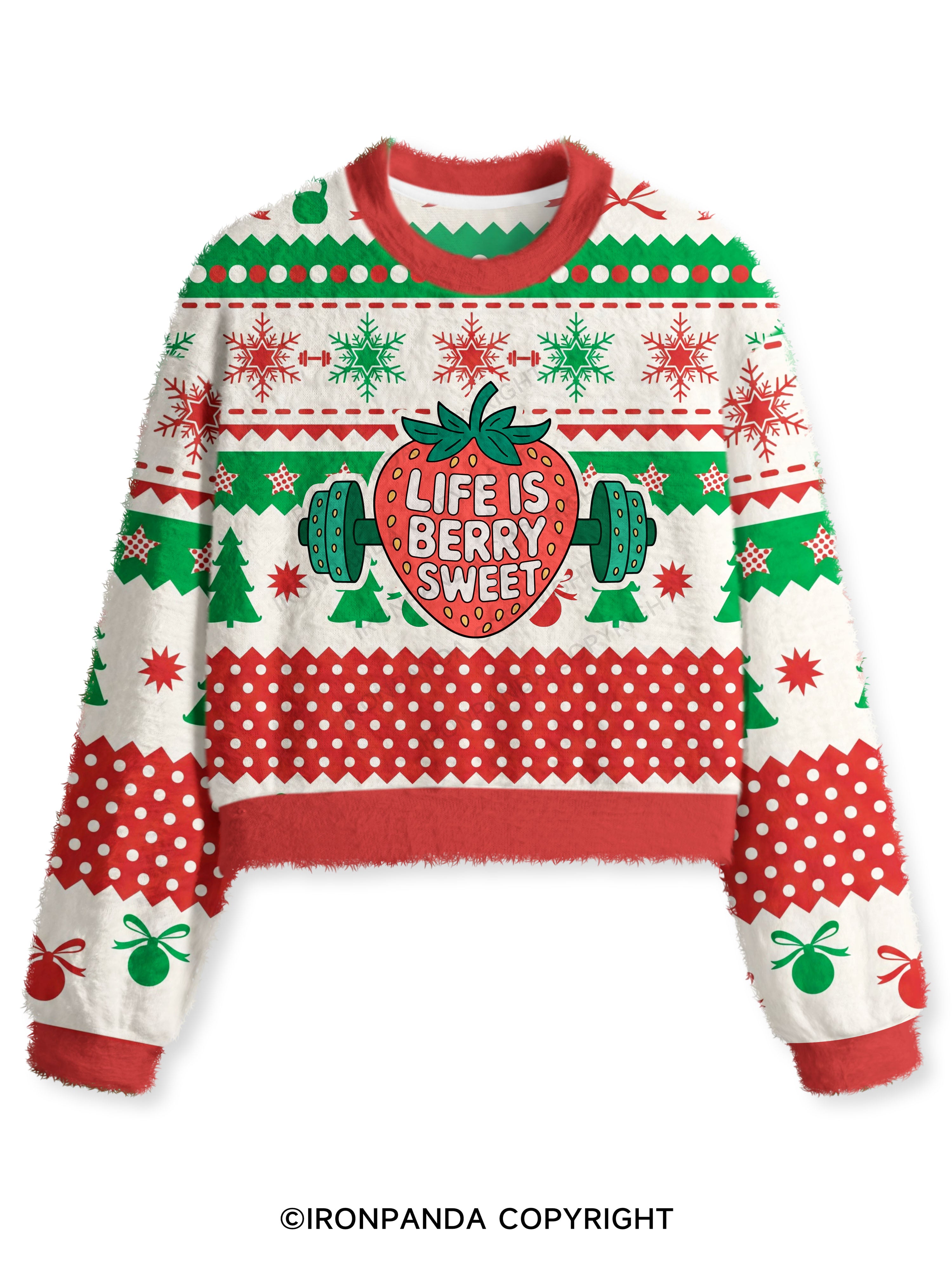 LIFE IS BERRY STRONG STRAWBERRY Fuzzy Fleece Crop Sweater