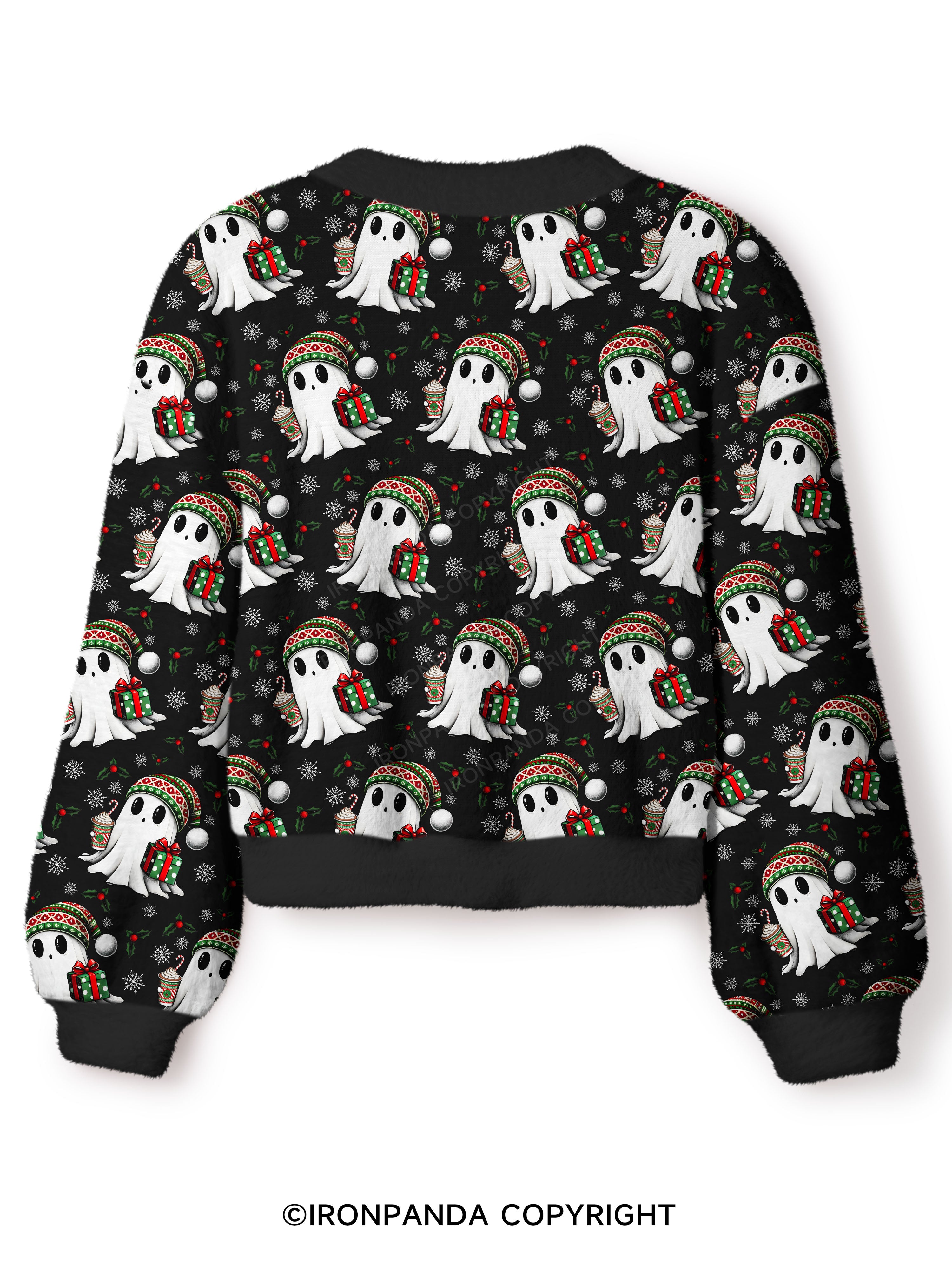 CHRISTMAS GHOST WITH COFFEE AND GIFT Crop Ugly Cardigan Sweater