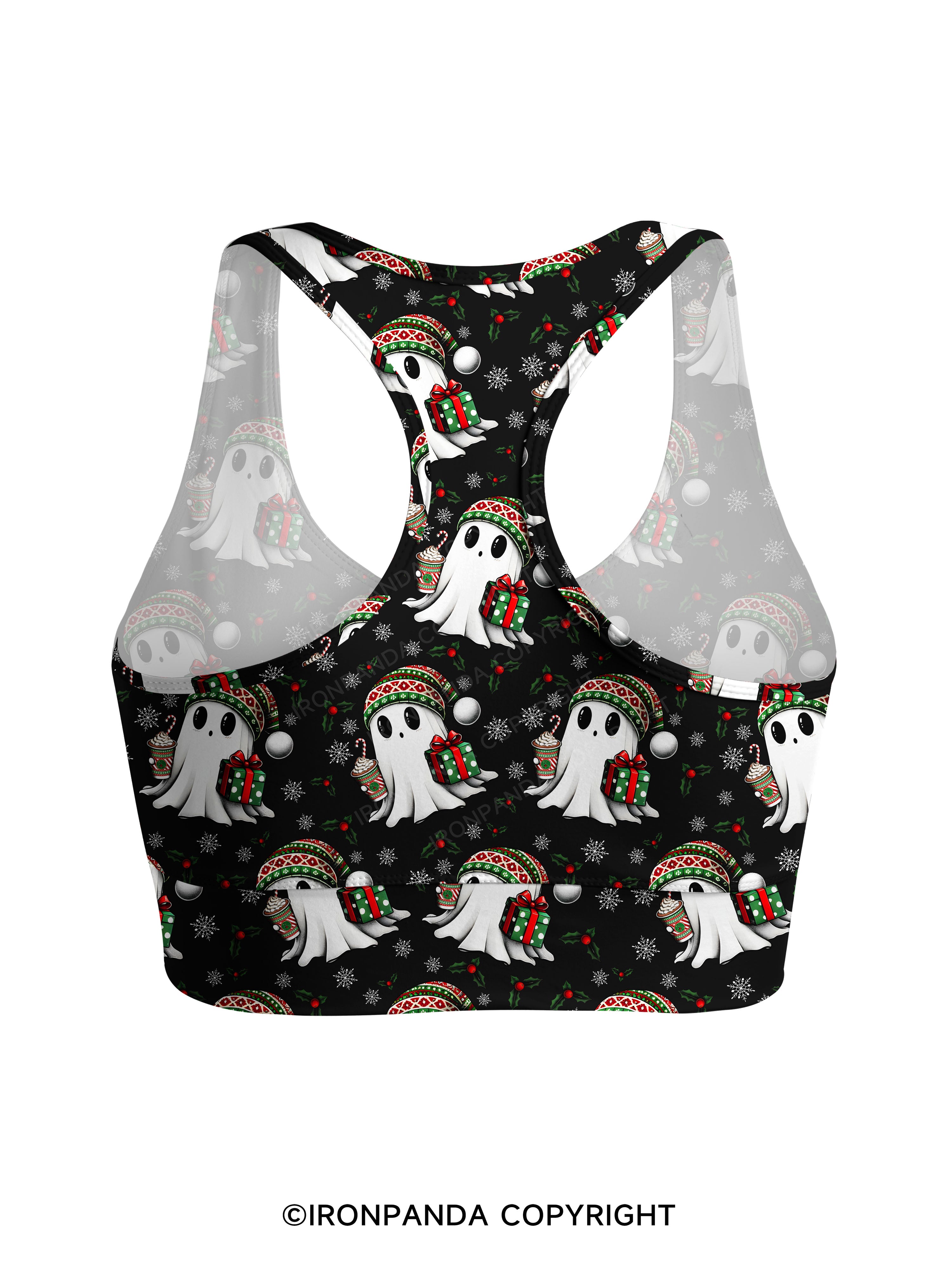 CHRISTMAS GHOST WITH COFFEE AND GIFT TRI Racerback Sports Bra