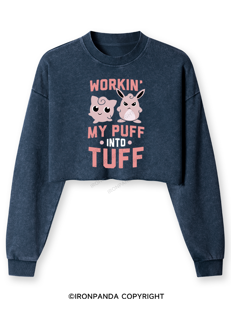 WORKIN MY PUFF INTO TUFF Washed Long-Sleeve Crop Top