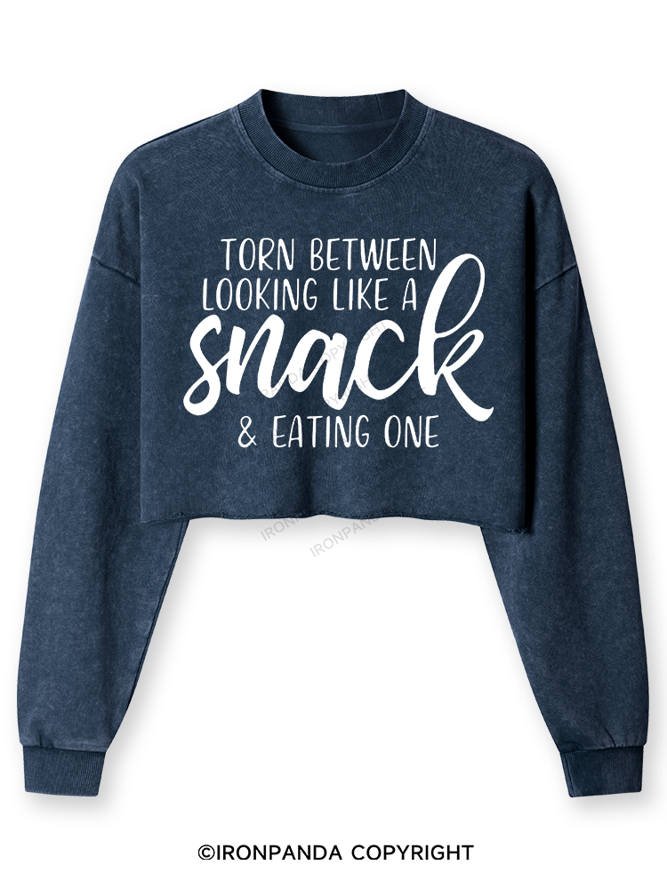 TORN BETWEEN A SNACK AND EAT ONE Washed Long-Sleeve Crop Top