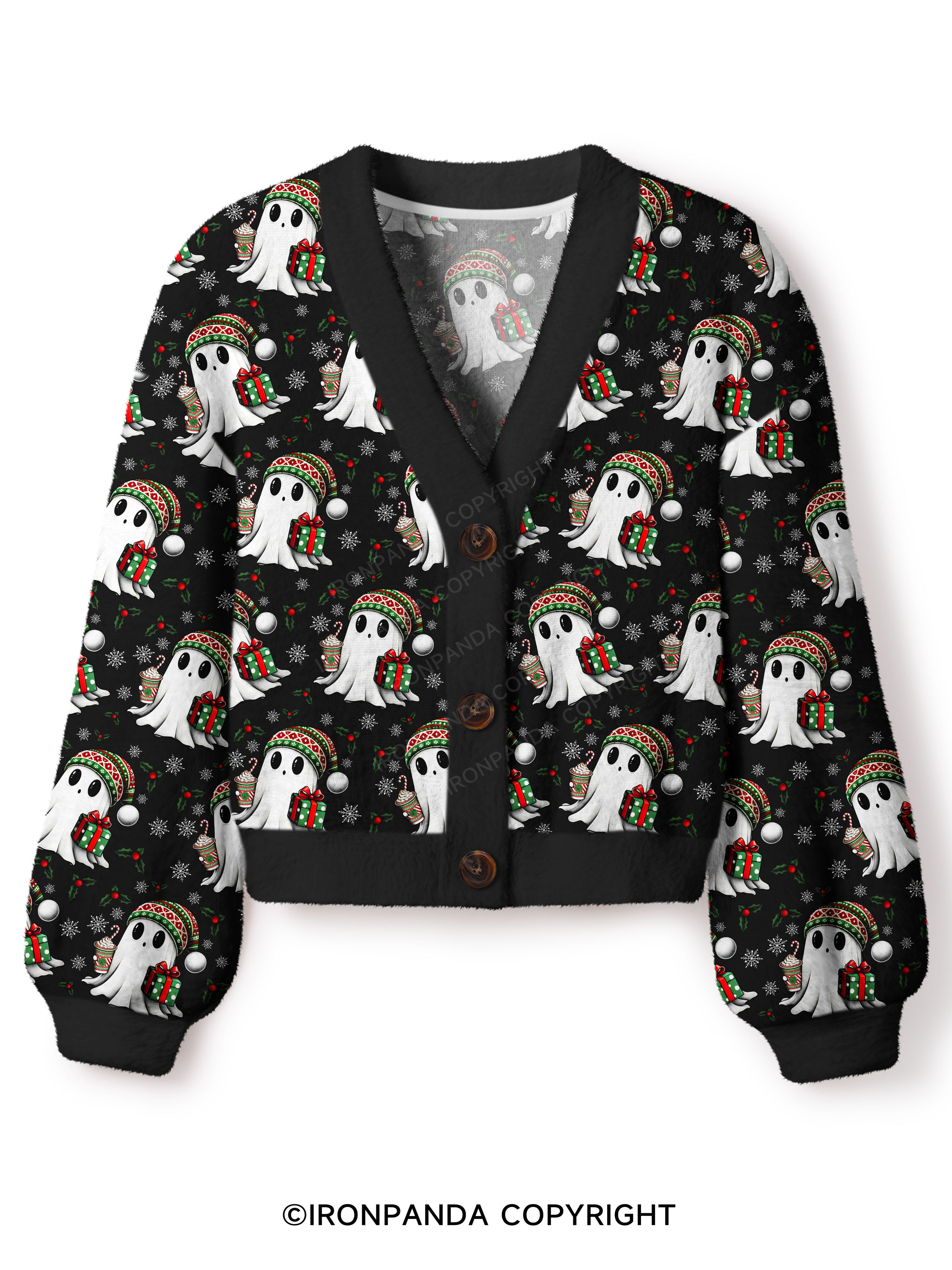 CHRISTMAS GHOST WITH COFFEE AND GIFT Crop Ugly Cardigan Sweater