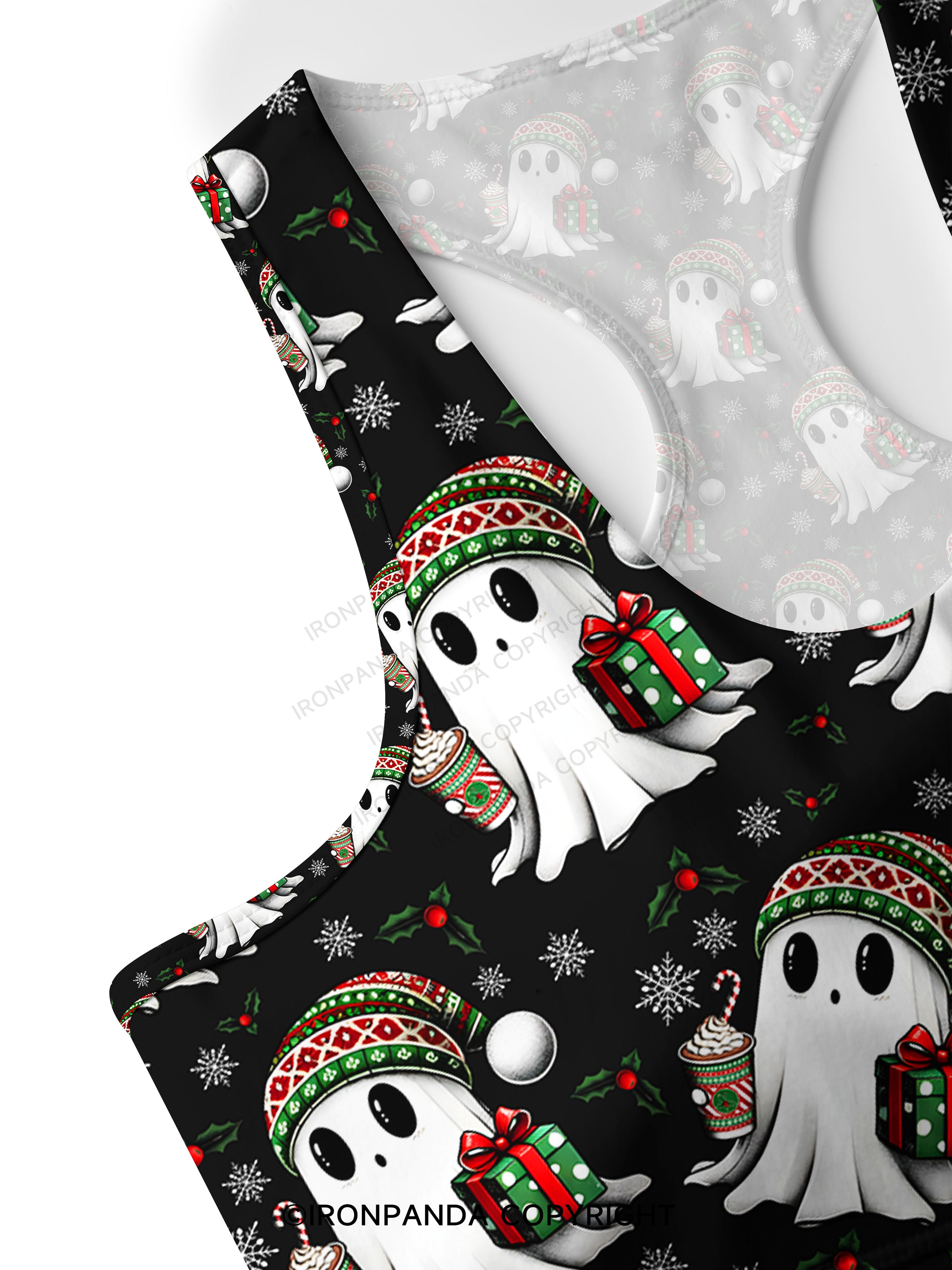 CHRISTMAS GHOST WITH COFFEE AND GIFT TRI Racerback Sports Bra