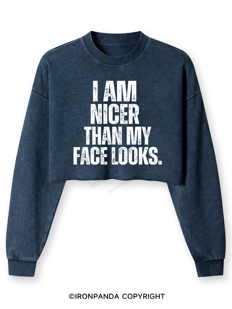 I'M NICER THAN MY FACE LOOKS Washed Long-Sleeve Crop Top