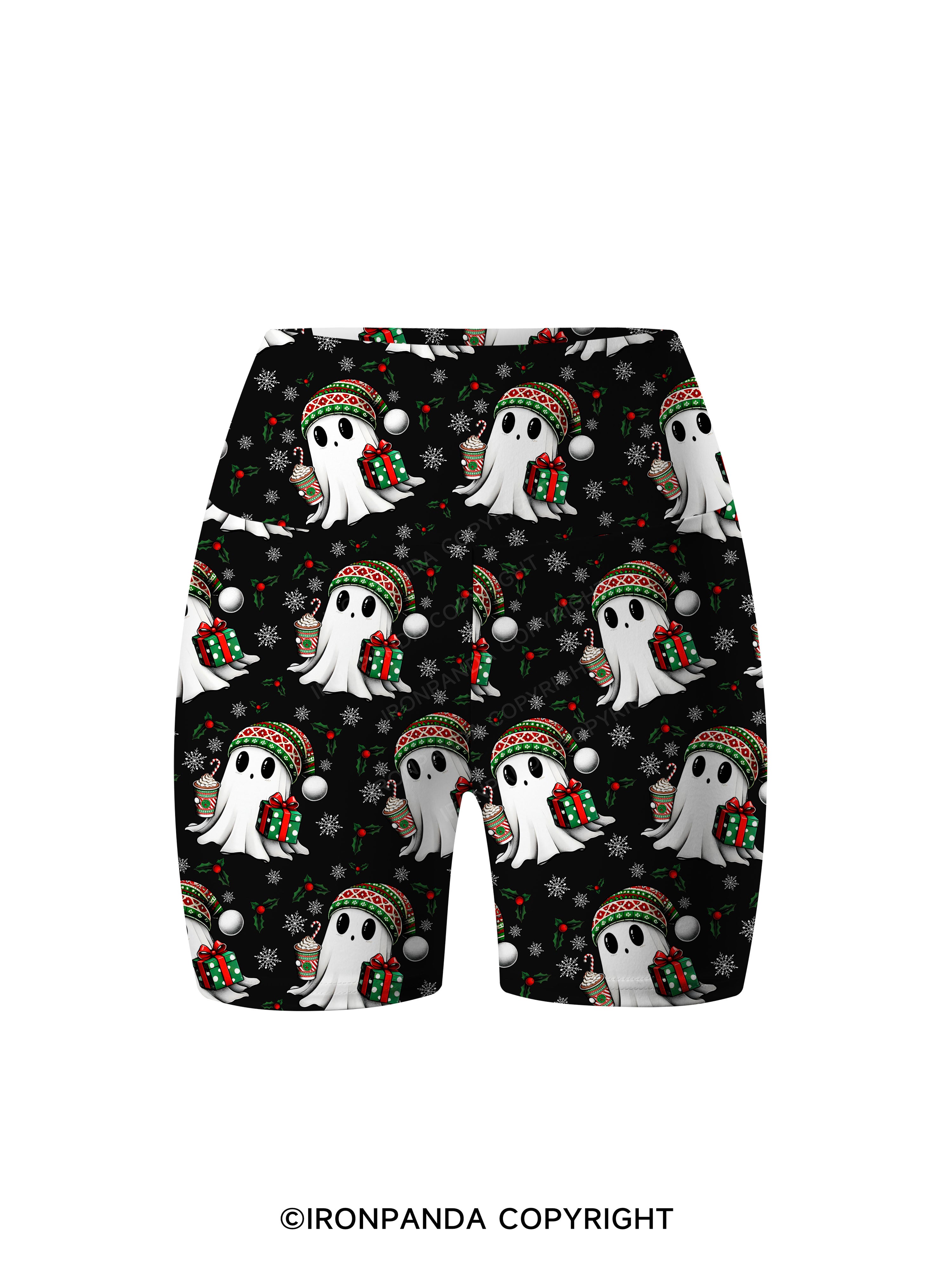 CHRISTMAS GHOST WITH COFFEE AND GIFT TRI Printed Yoga Cycling Shorts