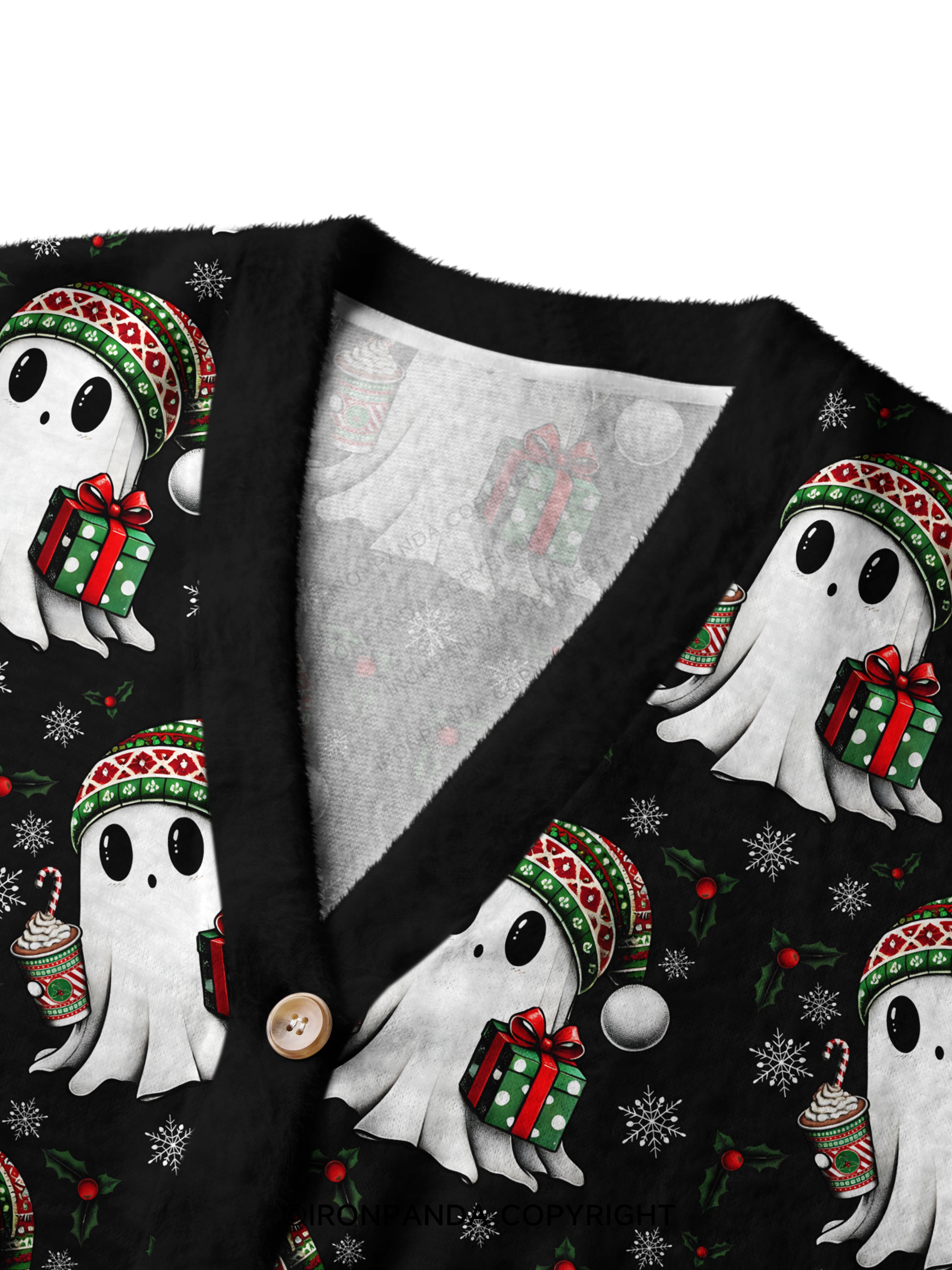 CHRISTMAS GHOST WITH COFFEE AND GIFT Ugly Cardigan Sweater