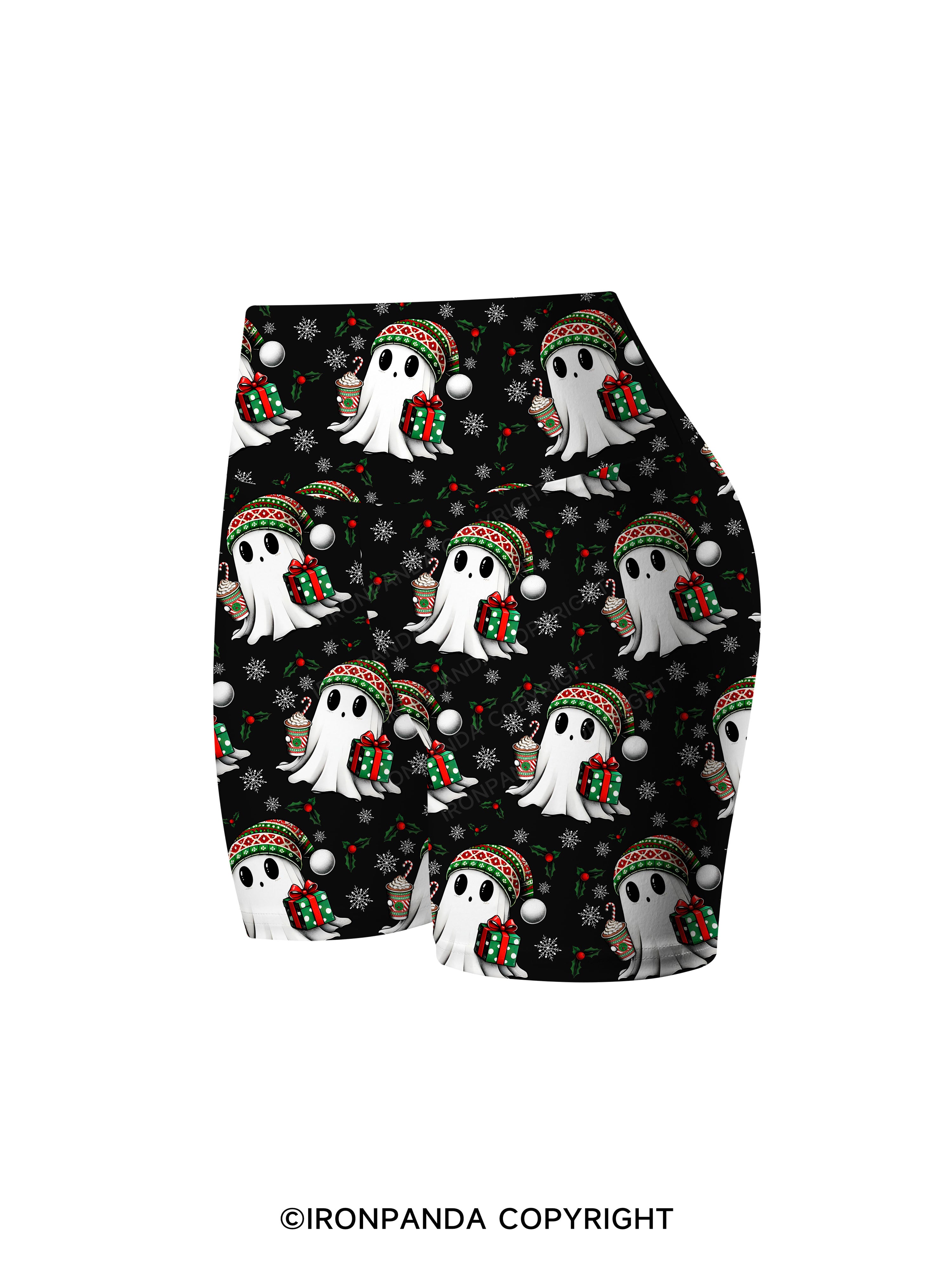 CHRISTMAS GHOST WITH COFFEE AND GIFT TRI Printed Yoga Cycling Shorts