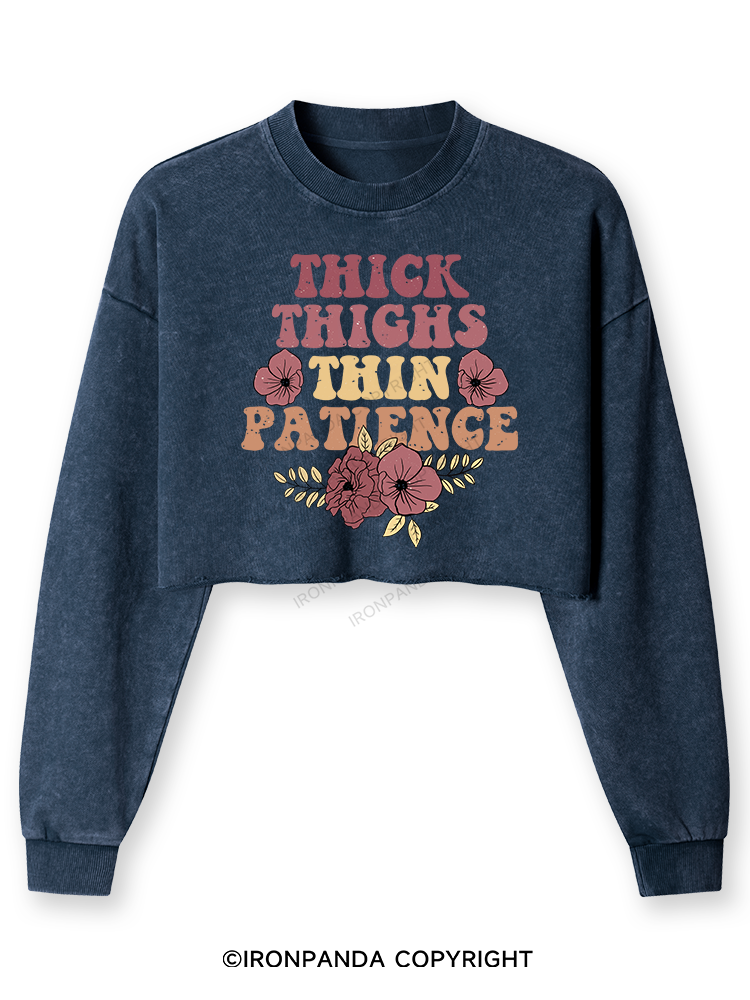 THICK THIGHS THIN PATIENCE Washed Long-Sleeve Crop Top