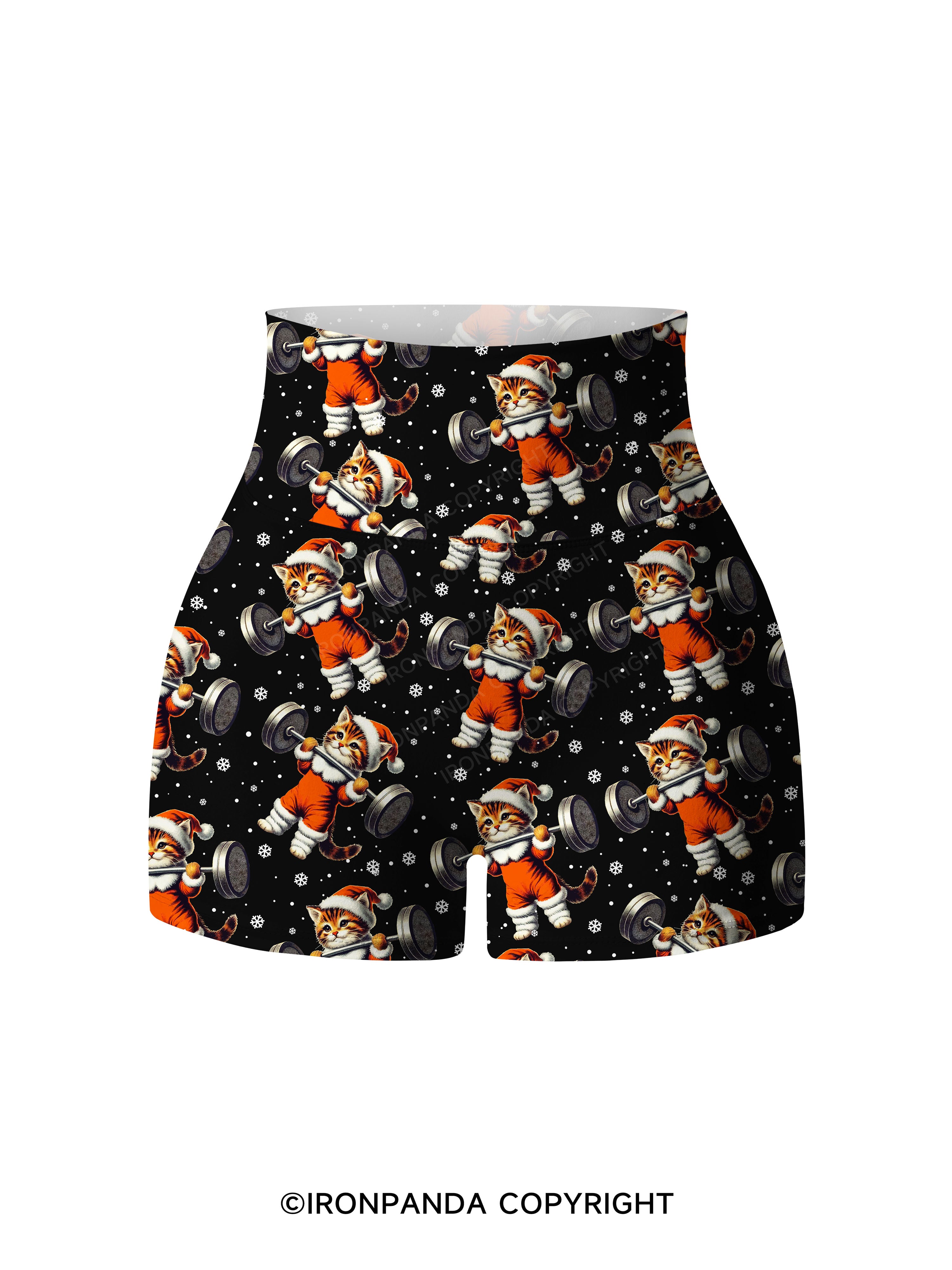SANTA KITTEN WORKOUT Printed Yoga Shorts