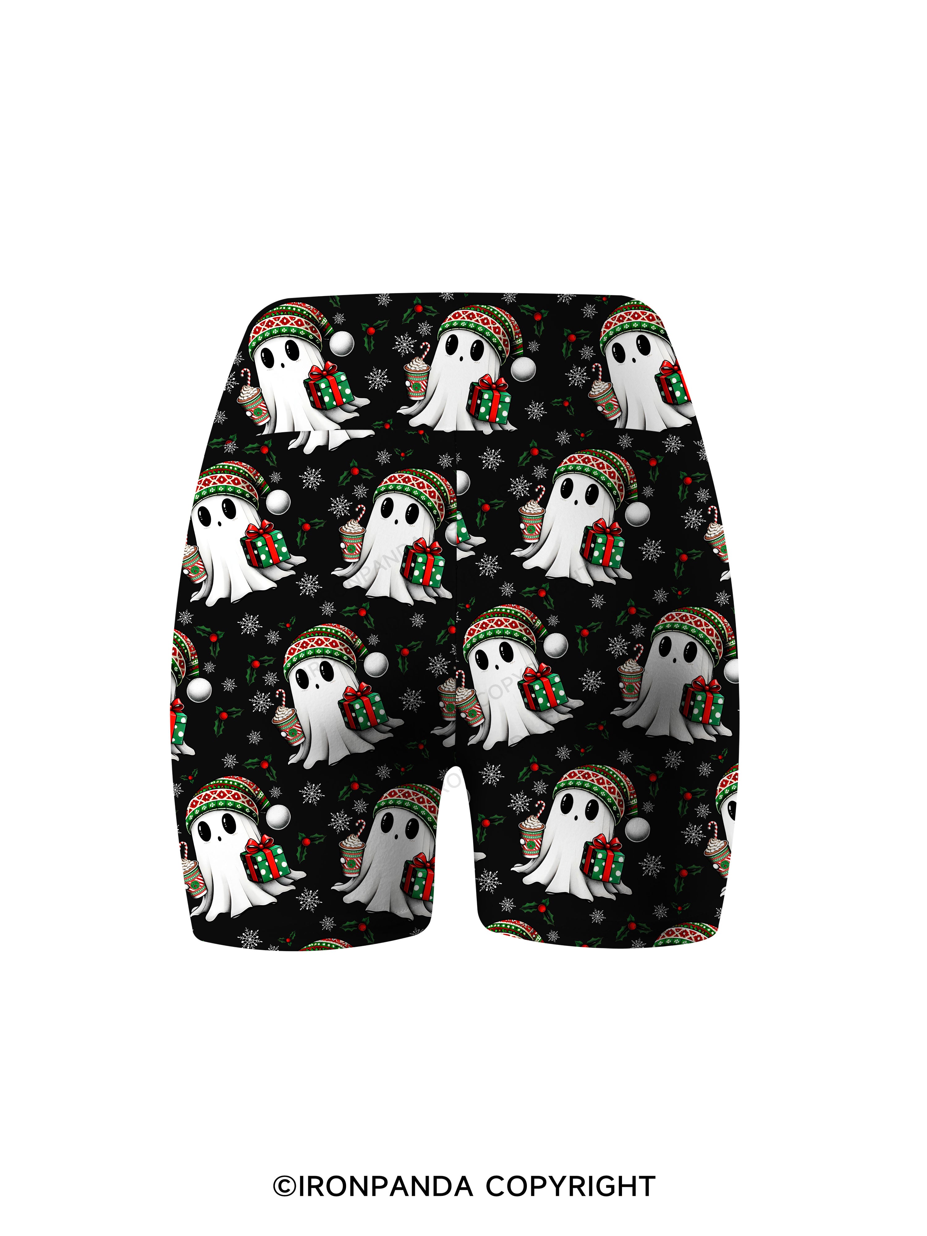 CHRISTMAS GHOST WITH COFFEE AND GIFT TRI Printed Yoga Cycling Shorts