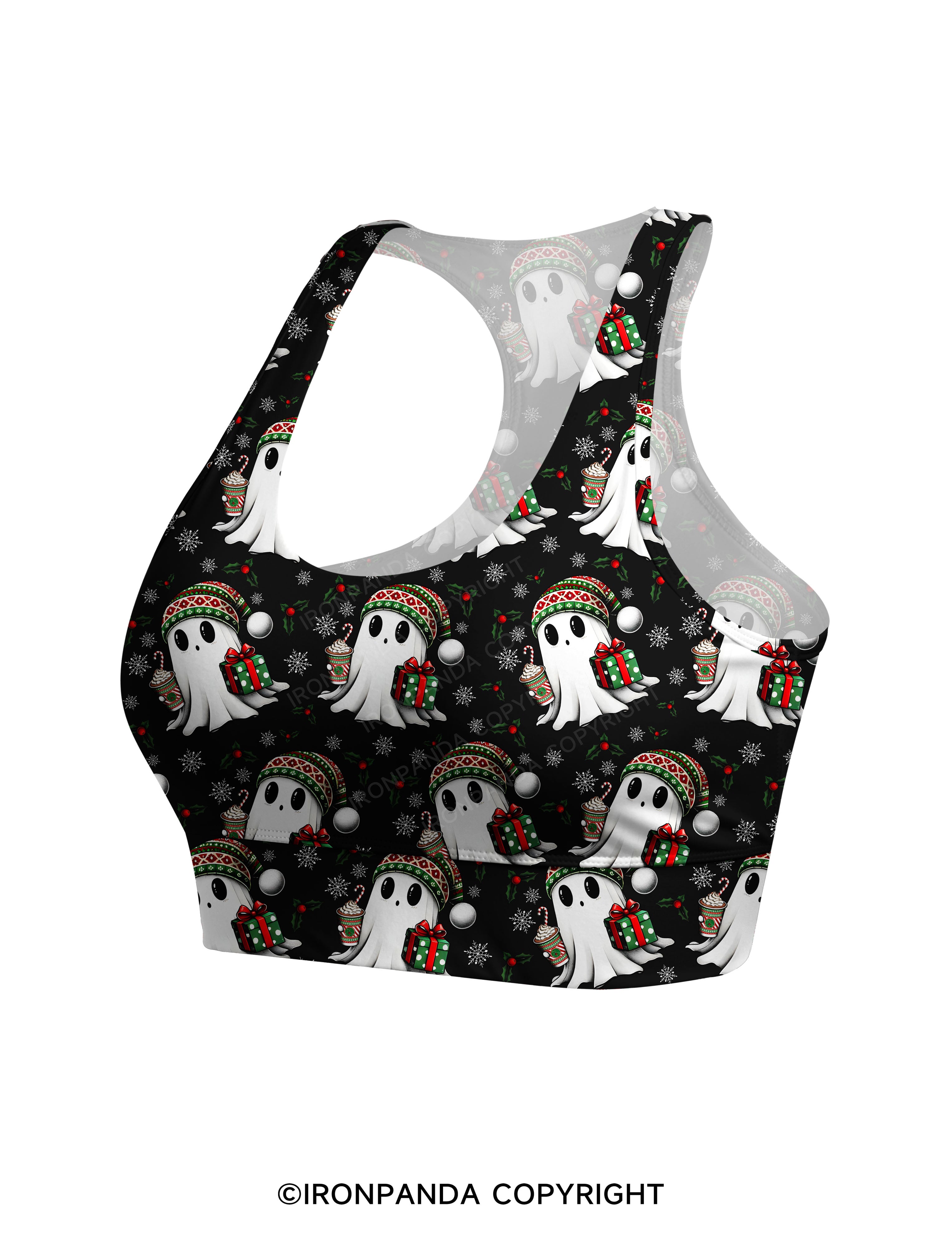 CHRISTMAS GHOST WITH COFFEE AND GIFT TRI Racerback Sports Bra