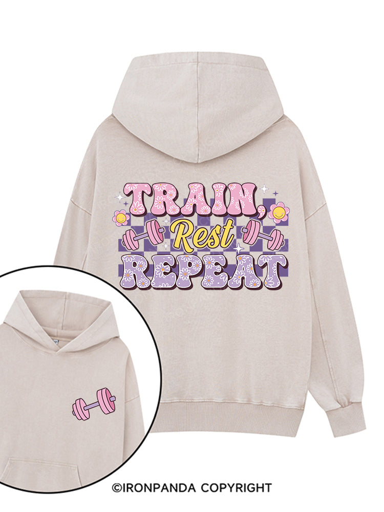 TRAIN, REST, REPEAT Printed Washed Gym Hoodie