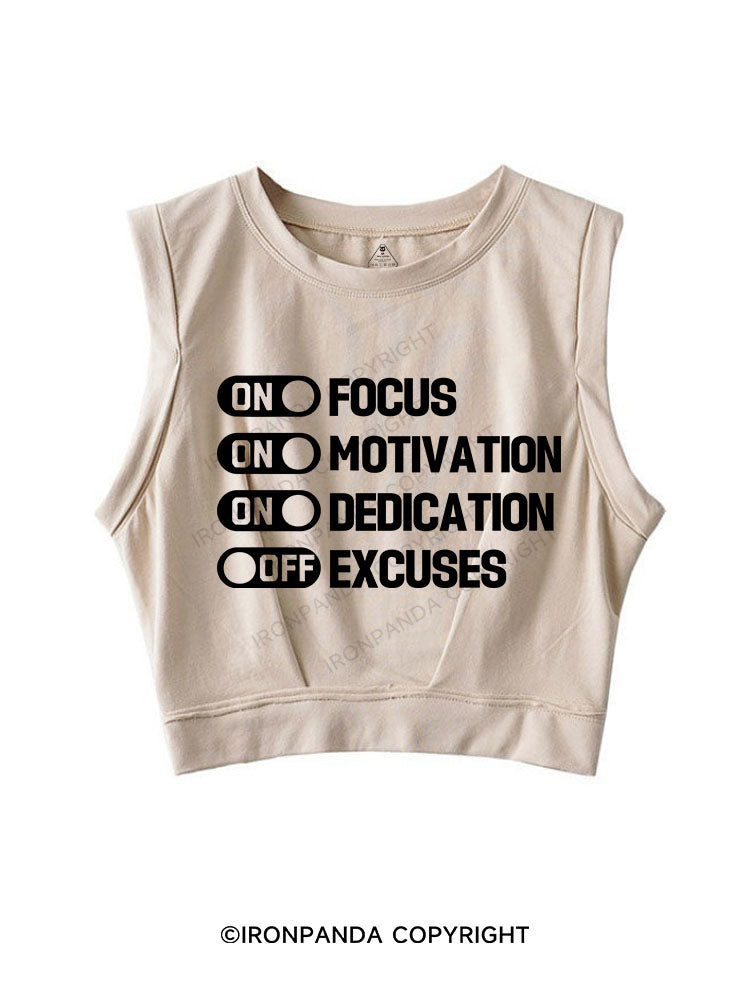 FOCUS ON EXCUSES OFF SLEEVELESS CROP TOPS