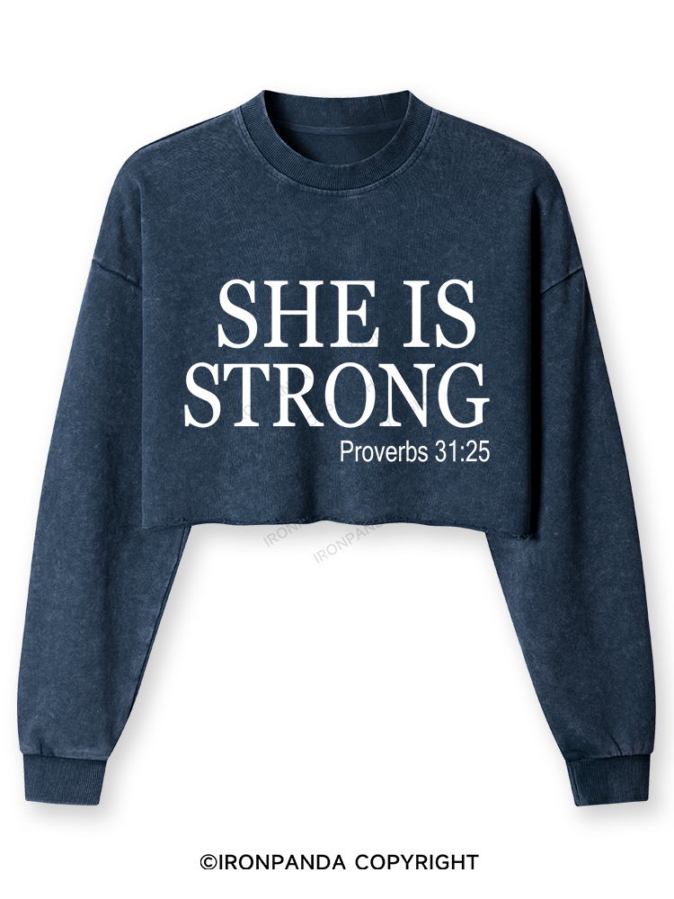 She is Strong Washed Long-Sleeve Crop Top