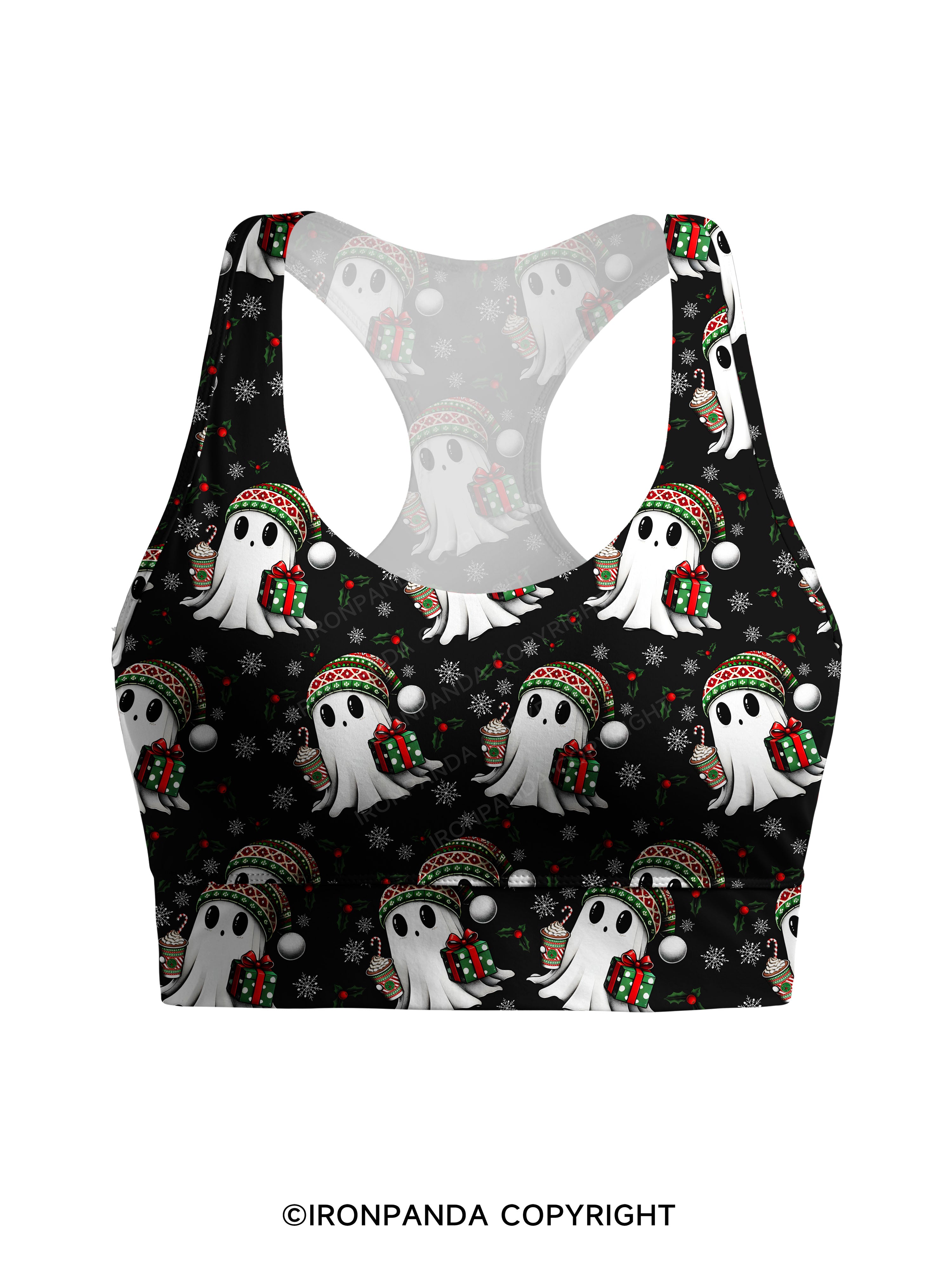 CHRISTMAS GHOST WITH COFFEE AND GIFT TRI Racerback Sports Bra