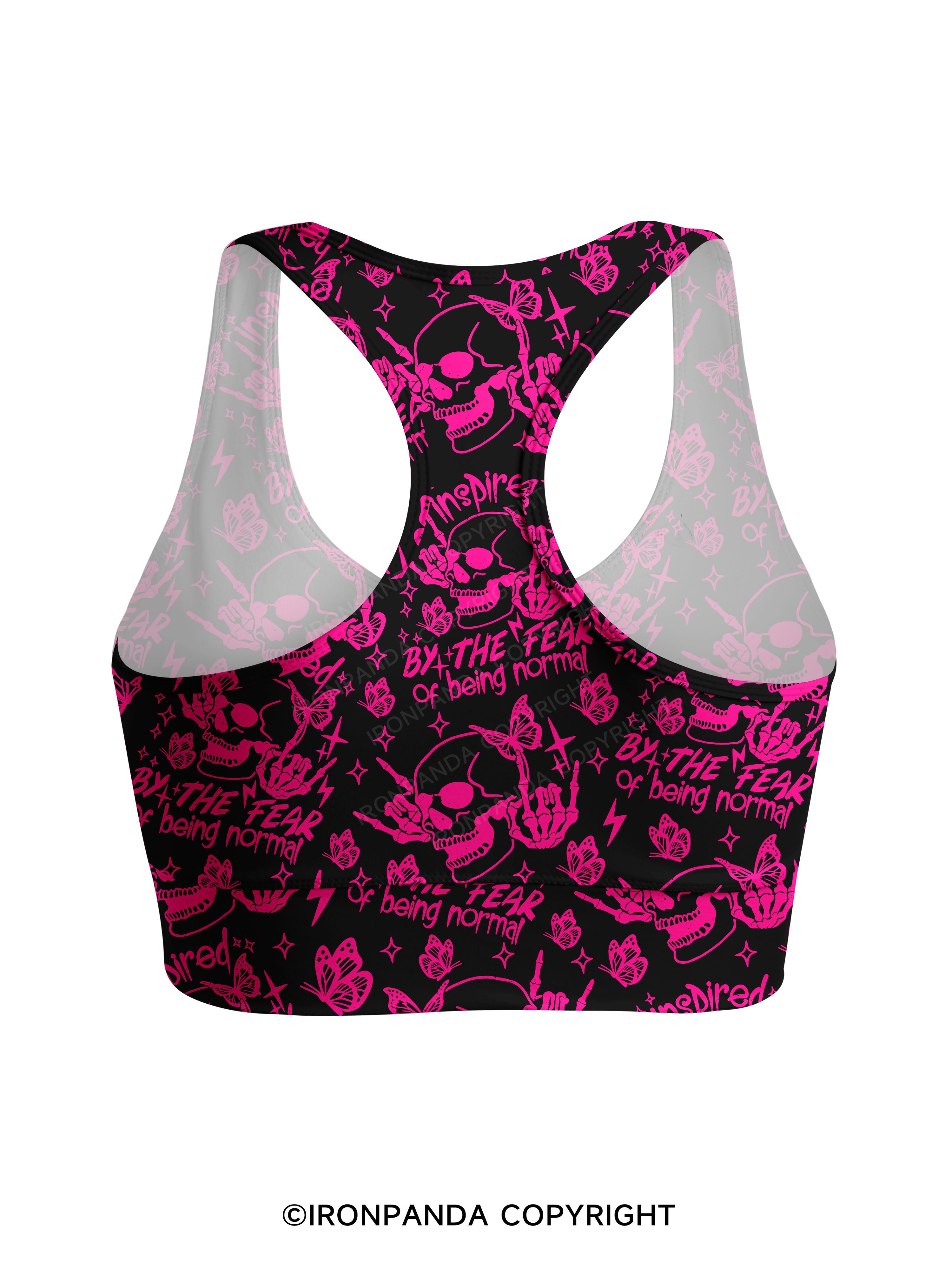 INSPIRED BY THE FEAR OF BEING NORMAL SKELETON Racerback Sports Bra
