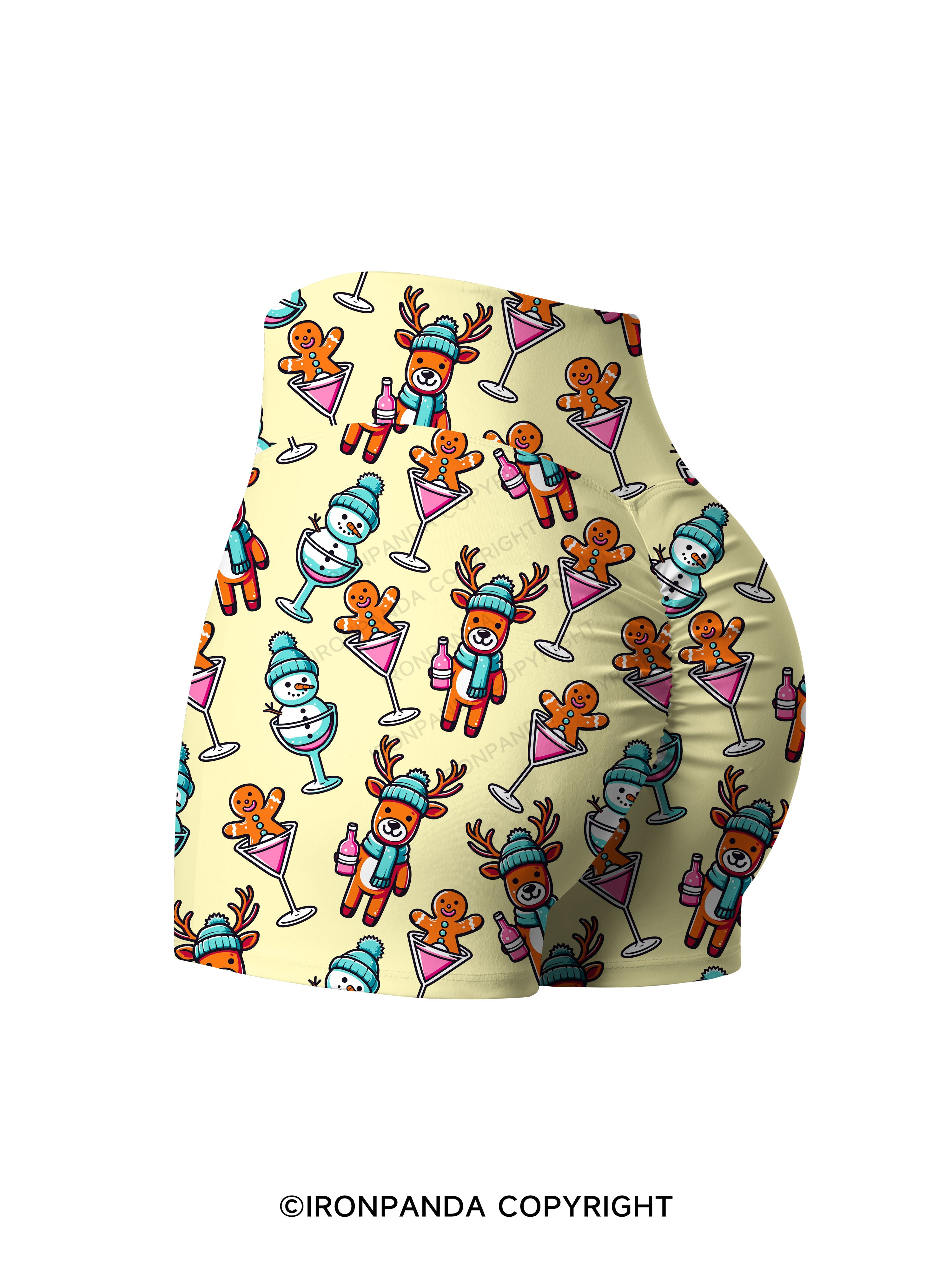 CUTESY CHRISTMAS DRINKING CREW Printed Yoga Shorts