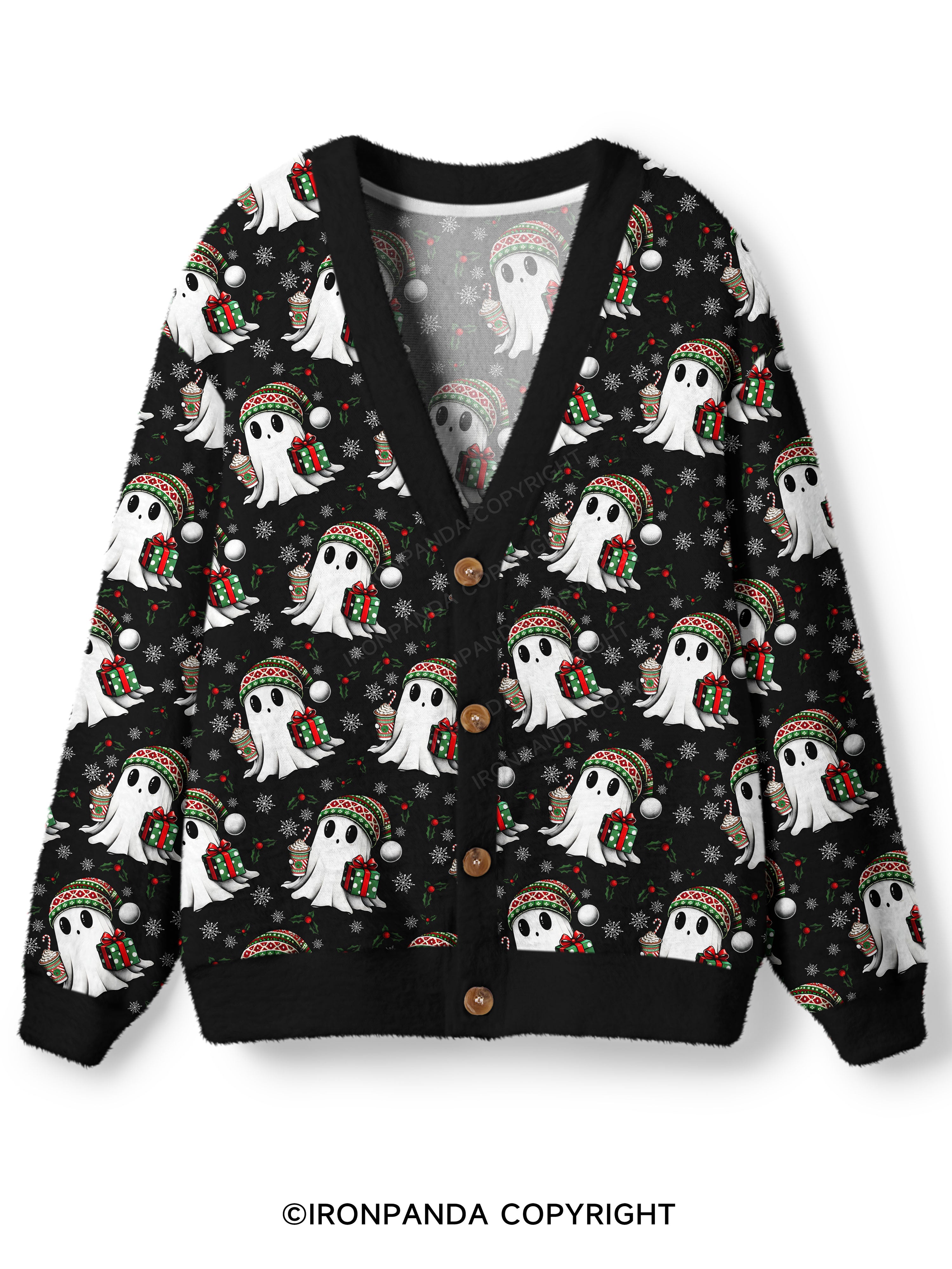 CHRISTMAS GHOST WITH COFFEE AND GIFT Ugly Cardigan Sweater