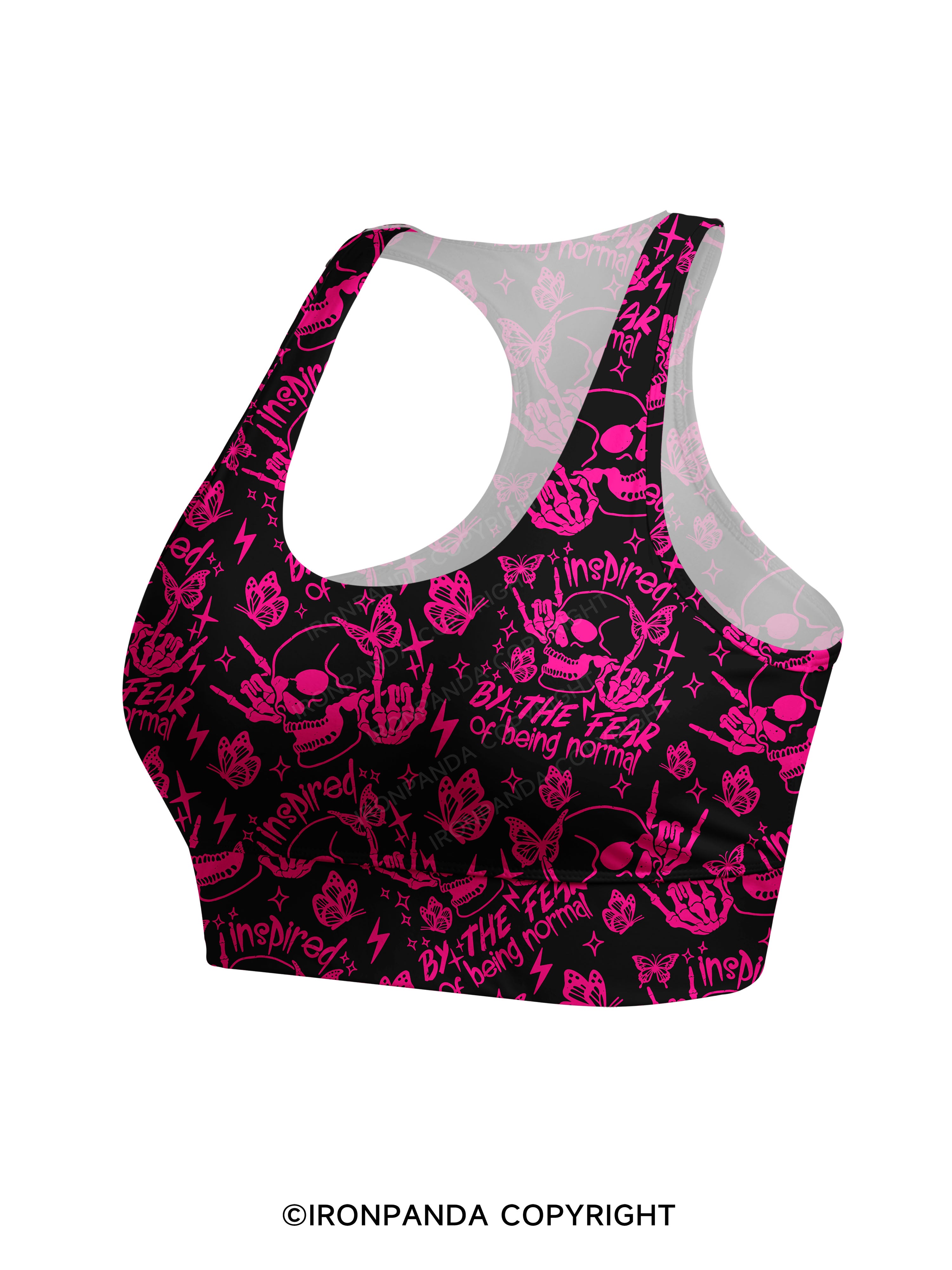 INSPIRED BY THE FEAR OF BEING NORMAL SKELETON Racerback Sports Bra