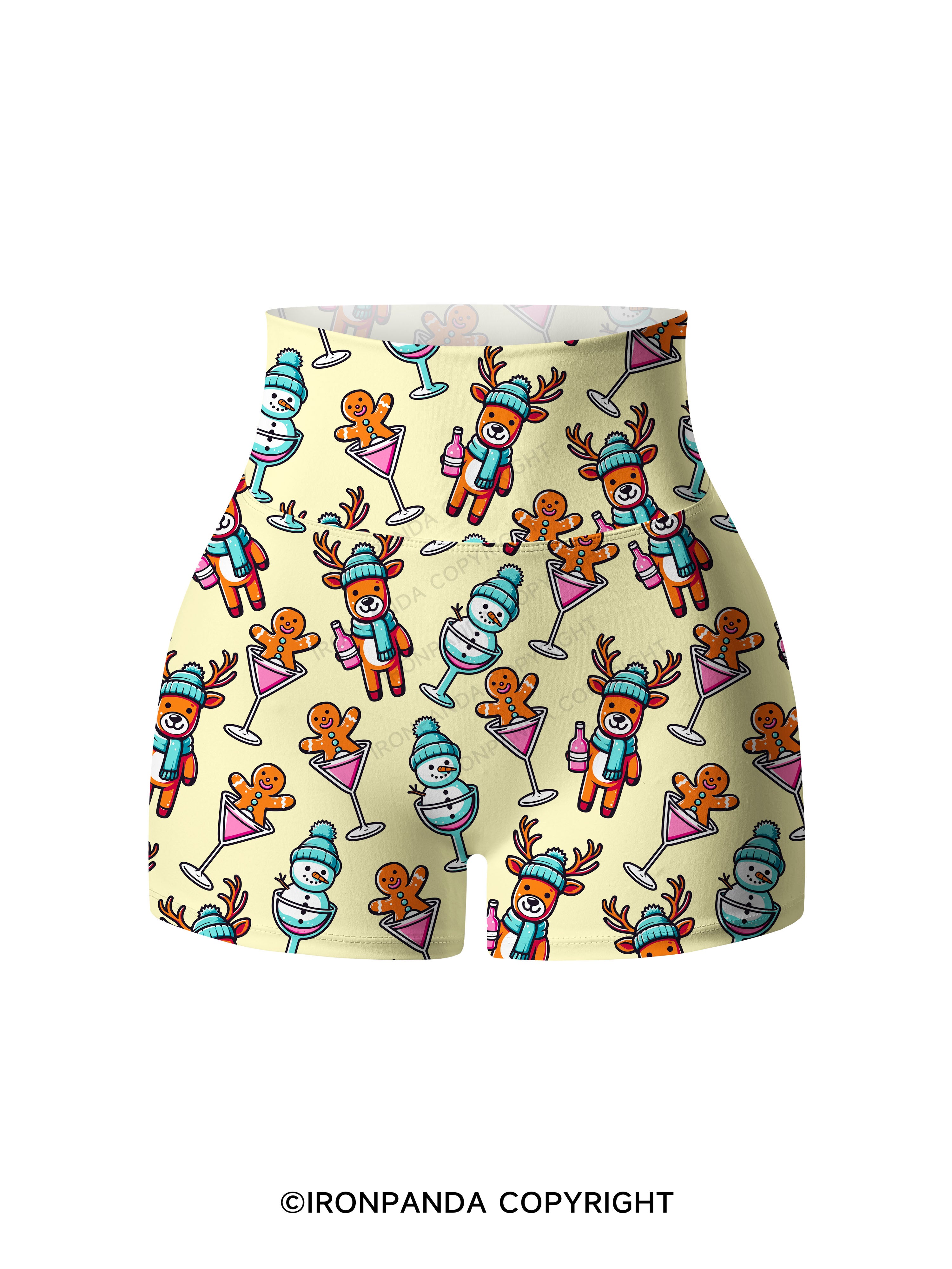 CUTESY CHRISTMAS DRINKING CREW Printed Yoga Shorts