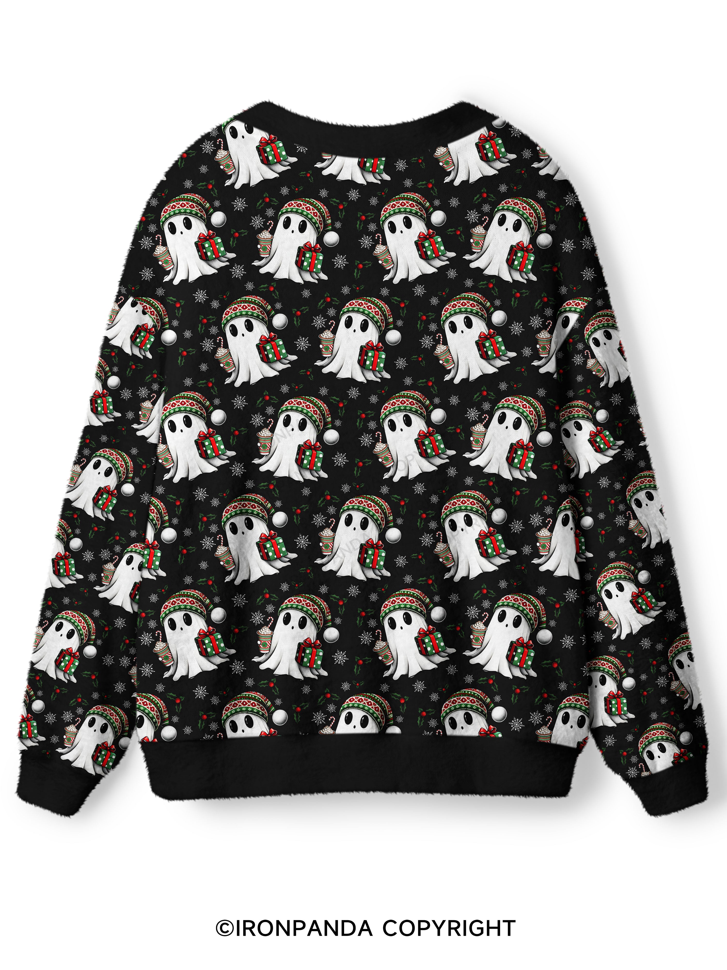 CHRISTMAS GHOST WITH COFFEE AND GIFT Ugly Cardigan Sweater