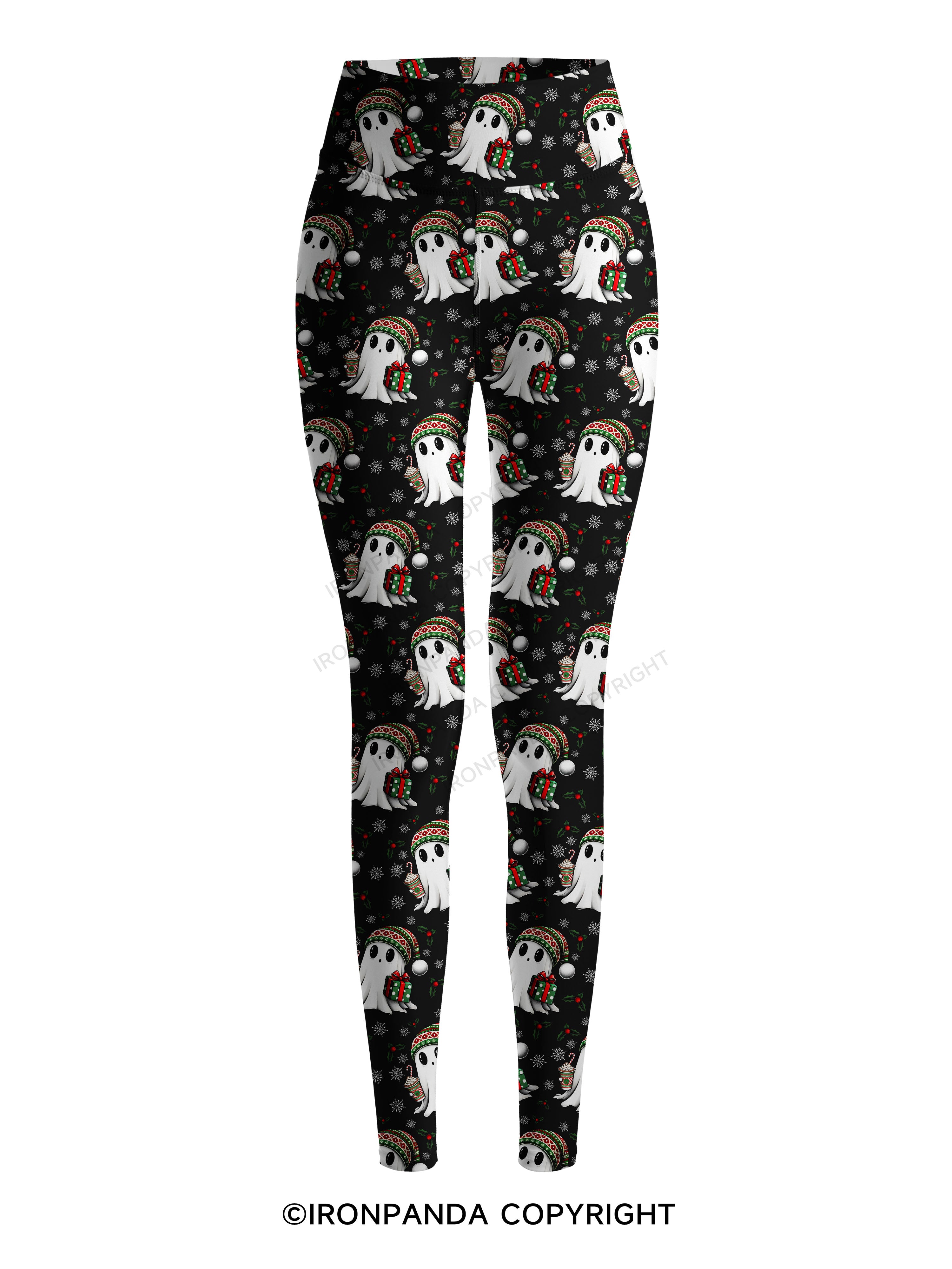 CHRISTMAS GHOST WITH COFFEE AND GIFT TRI Printed Yoga Pants