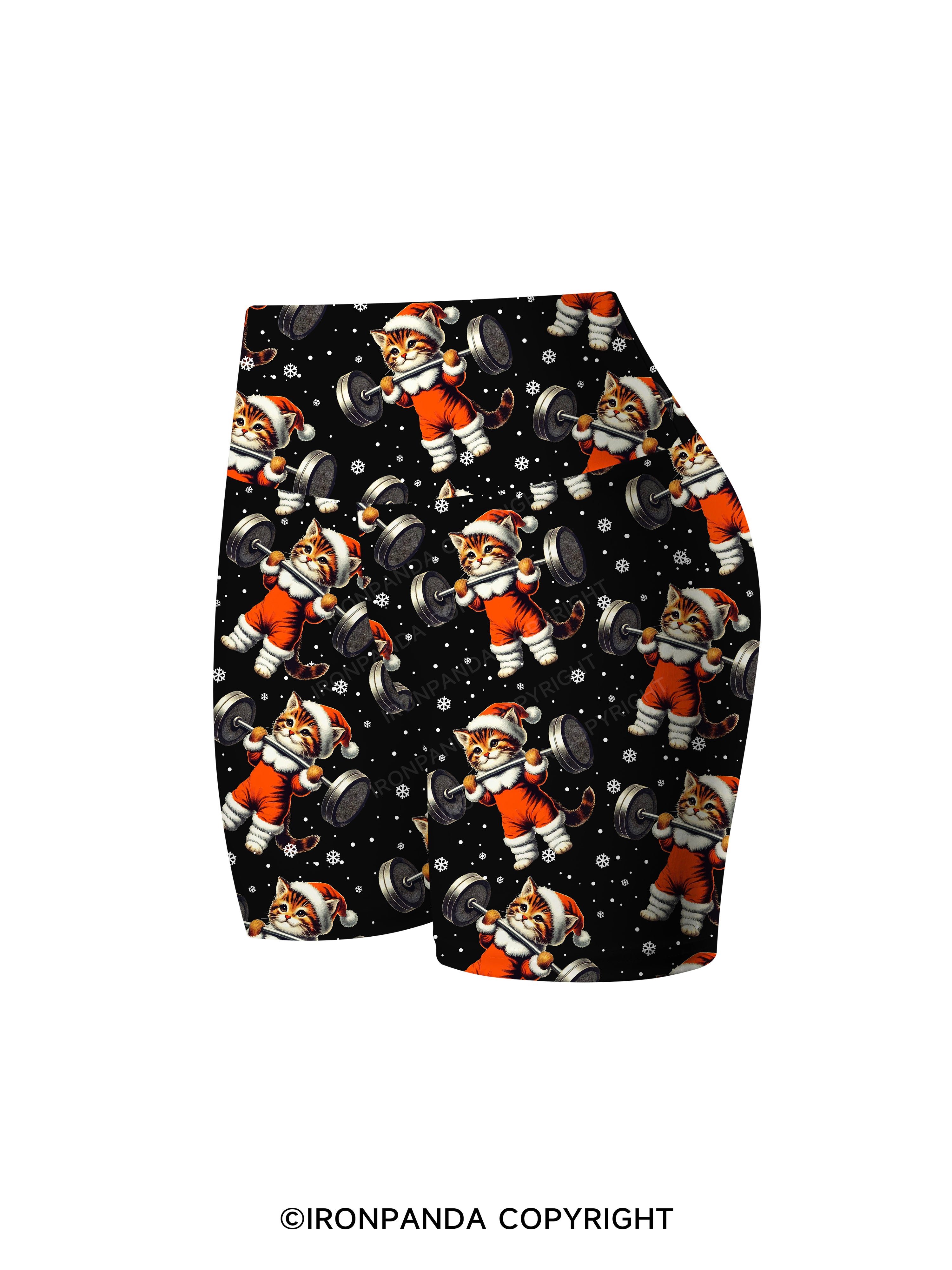 SANTA KITTEN WORKOUT Printed Yoga Cycling Shorts