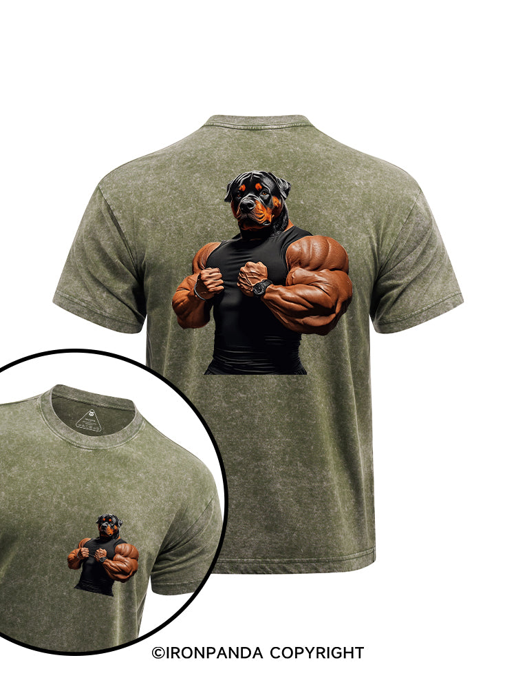 Muscular Rottweiler printed Washed Gym Shirt