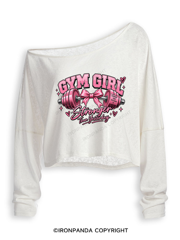 GYM GIRL STRONGER THAN YESTERDAY Off Shoulder Long Sleeve Crop Top