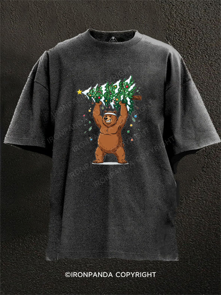Strong Grizzly Bear Lifting Christmas Tree Washed Gym Shirt