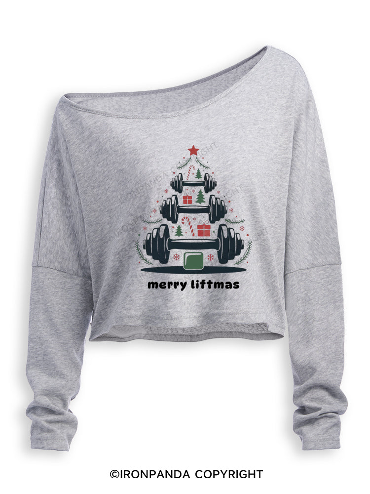 Merry Liftmas Funny Christmas Gym Off Shoulder Long Sleeve Crop Top