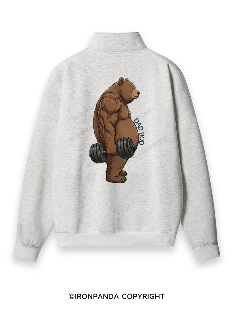 DAD BOD BEAR Back Printed Quarter-Zip Fleece Sweatshirt