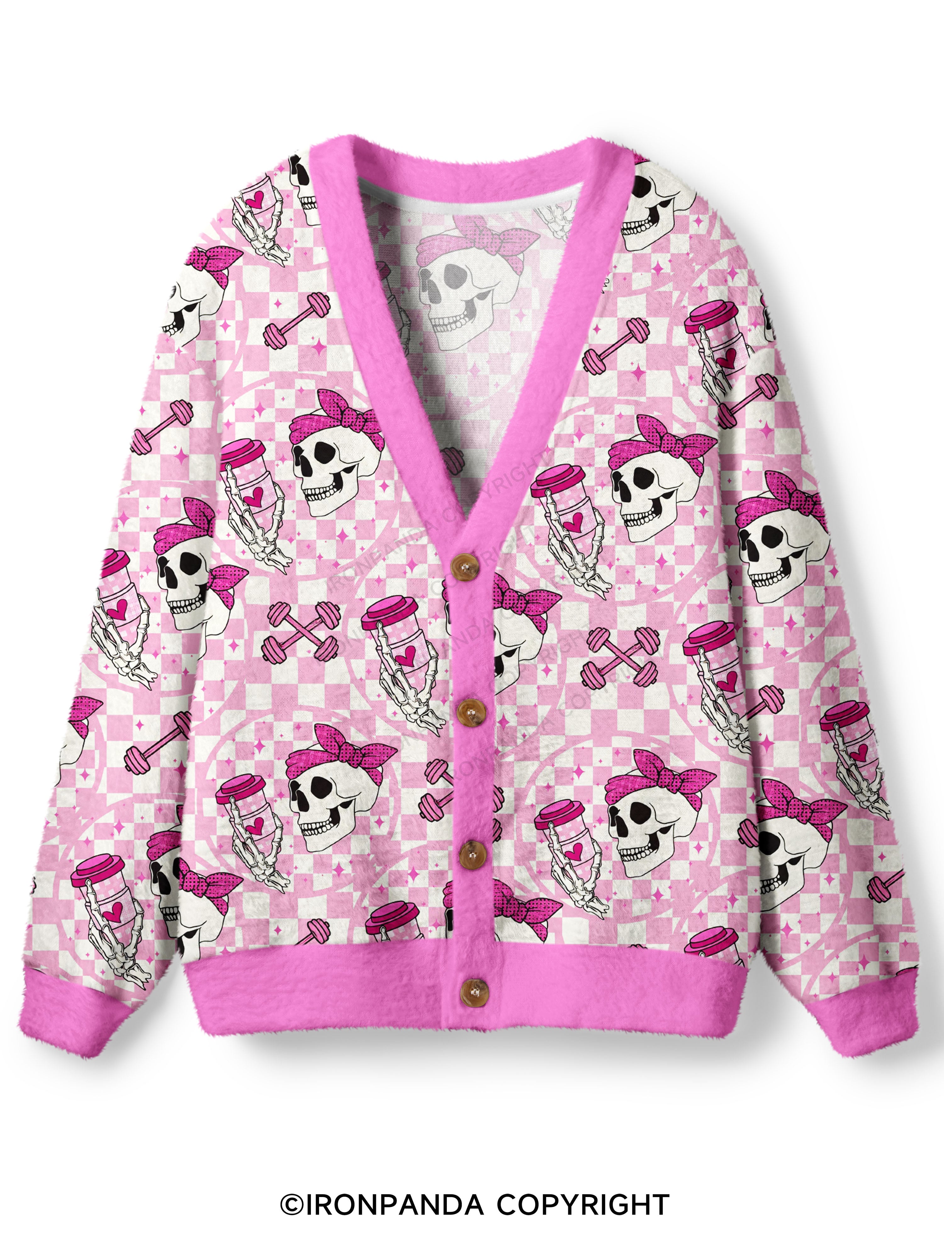 Pink Check Gym Skull Ugly Cardigan Sweater