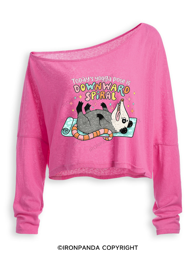 Today's Yoga Pose Is Downward Spiral Opossum Off Shoulder Long Sleeve Crop Top