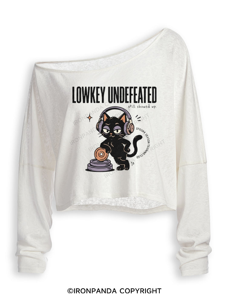 LOWKEY UNDEFEATED STILL SHOWD UP SPOOKY SEASON TRAINING CLUB Off Shoulder Long Sleeve Crop Top