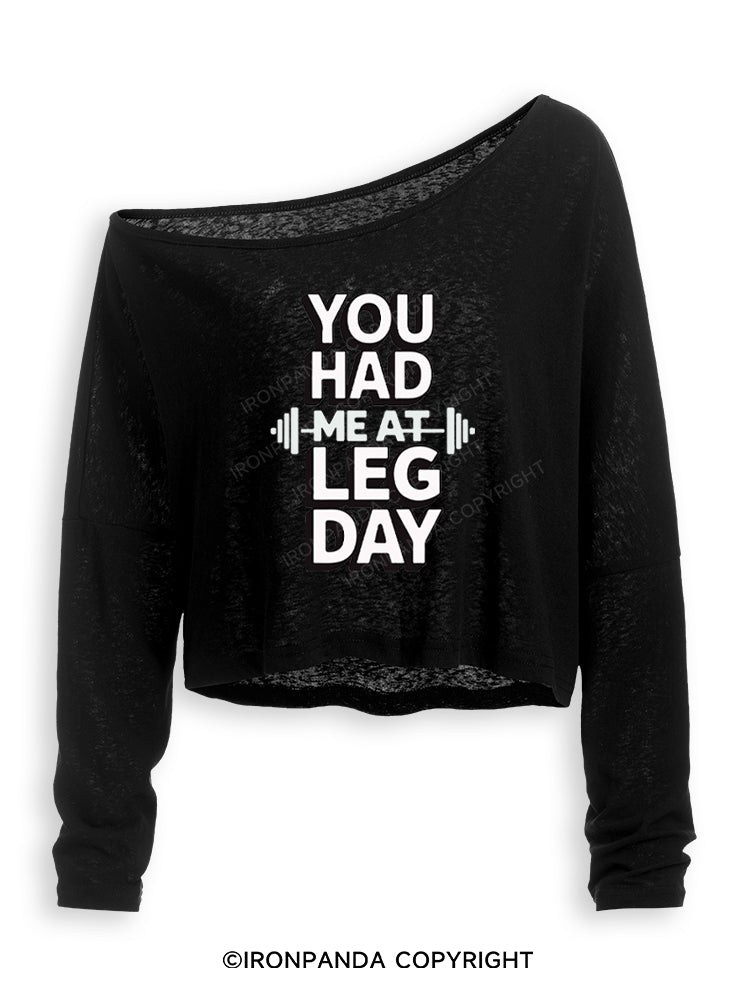 YOU HAD ME AT LEG DAY Off Shoulder Long Sleeve Crop Top