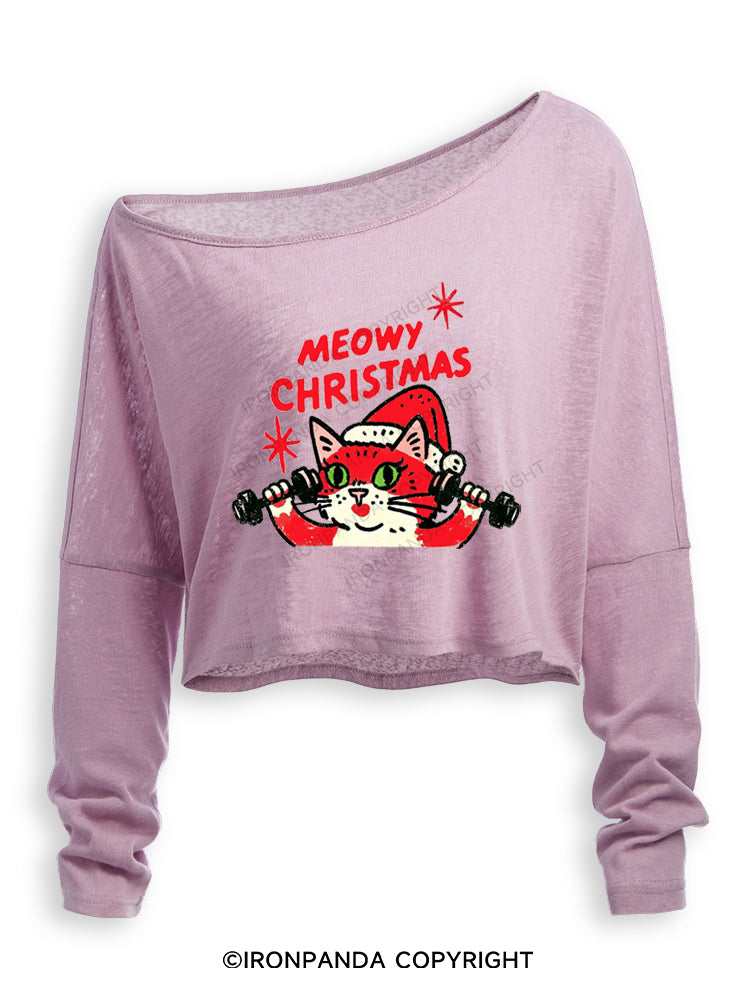 MEOWY CHRISTMAS RETRO CAT CHRISTMAS Off Shoulder Long Sleeve Crop Top