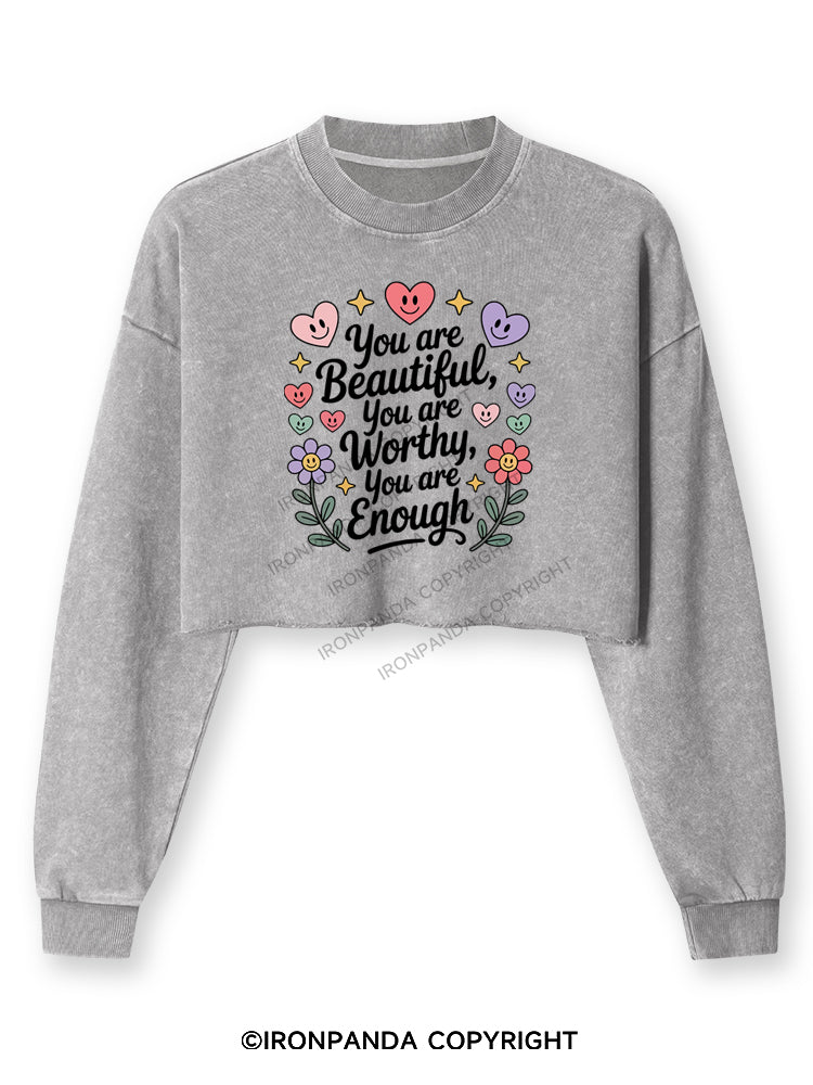 YOU ARE BEAUTIFUL, YOU ARE WORTHY, YOU ARE ENOUGH Washed Long-Sleeve Crop Top
