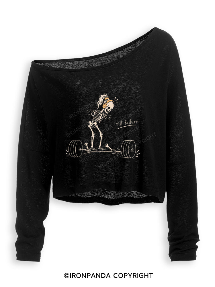 TILL FAILURE FUNNY SKELETON Off Shoulder Long Sleeve Crop Top